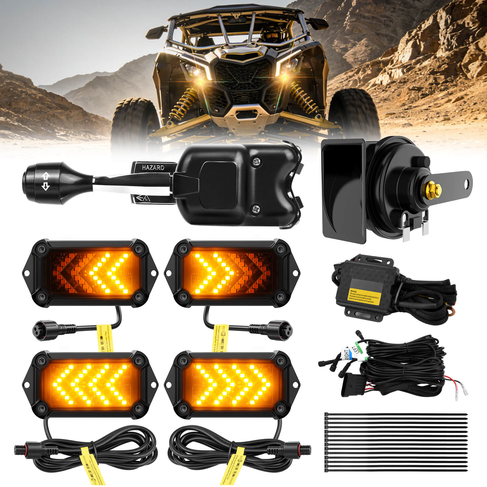 UTV Turn Signal Kit with 110D Horn & Lever Switch, UTV ATV Arrow-Flow Blinker with Rocker Switch, Universal Street Legal Turn Signals Compatible with Polaris, Can-Am, Teryx, CFMOTO