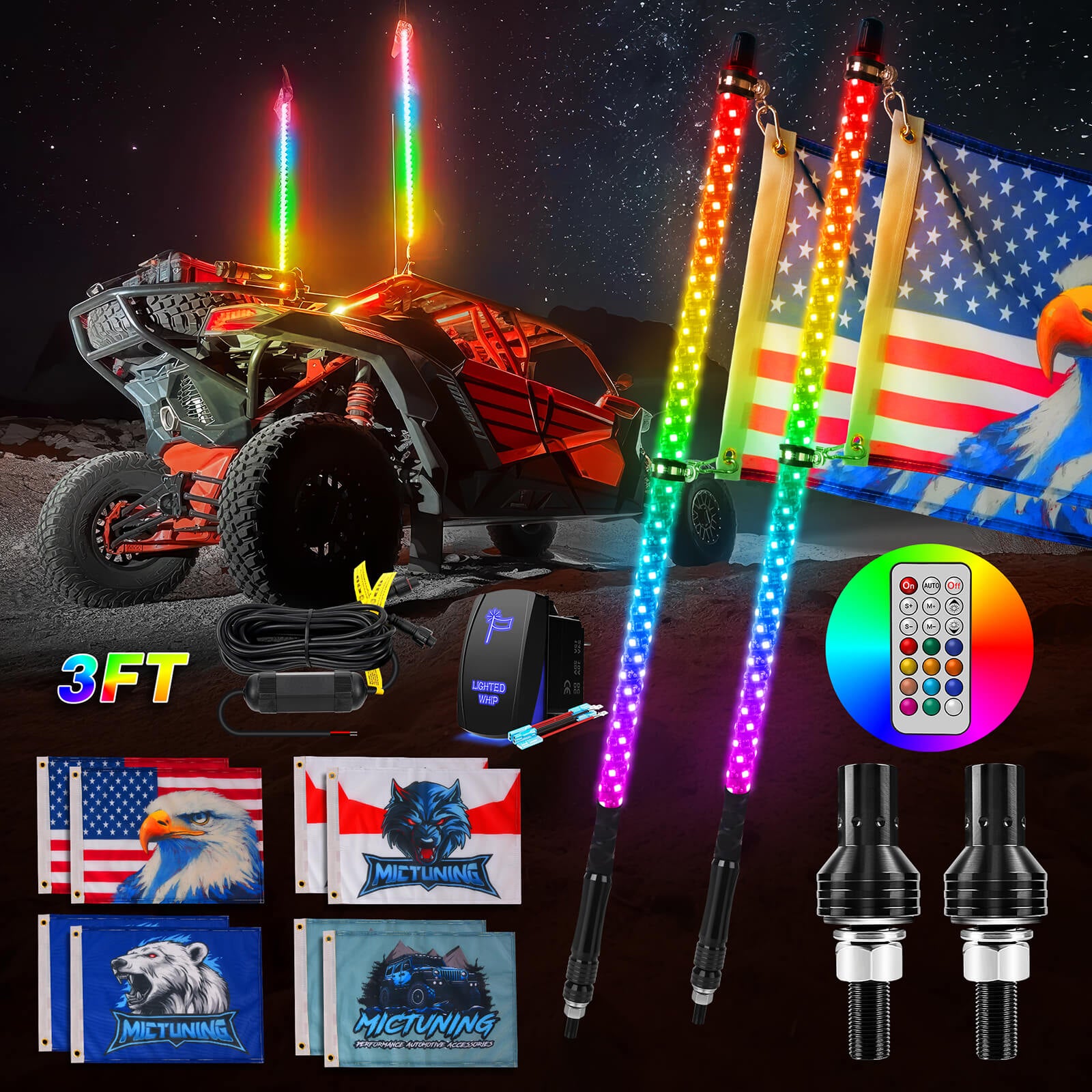 3FT/4FT RGB+IC Chasing Colors LED Whip Light, w/ Remote Control, Rocker Switch & 8 Flags, 1pc/2pcs