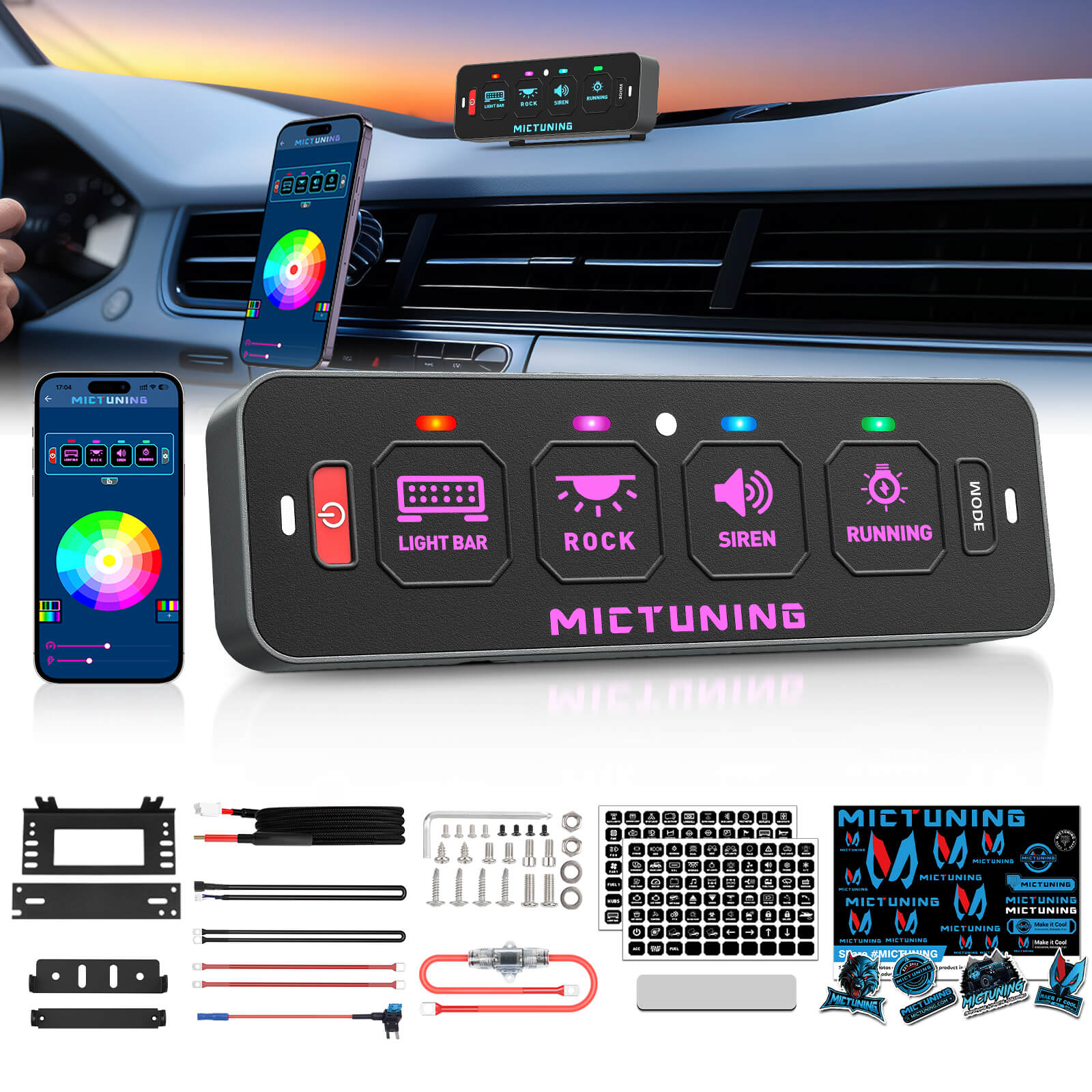 MS-A Slim App Control Switch Panel 4 Gang/6 Gang, RGB Auto-dimming Backlit, Multifunction Toggle Momentary Flash Strobe Circuit Control Relay System Box