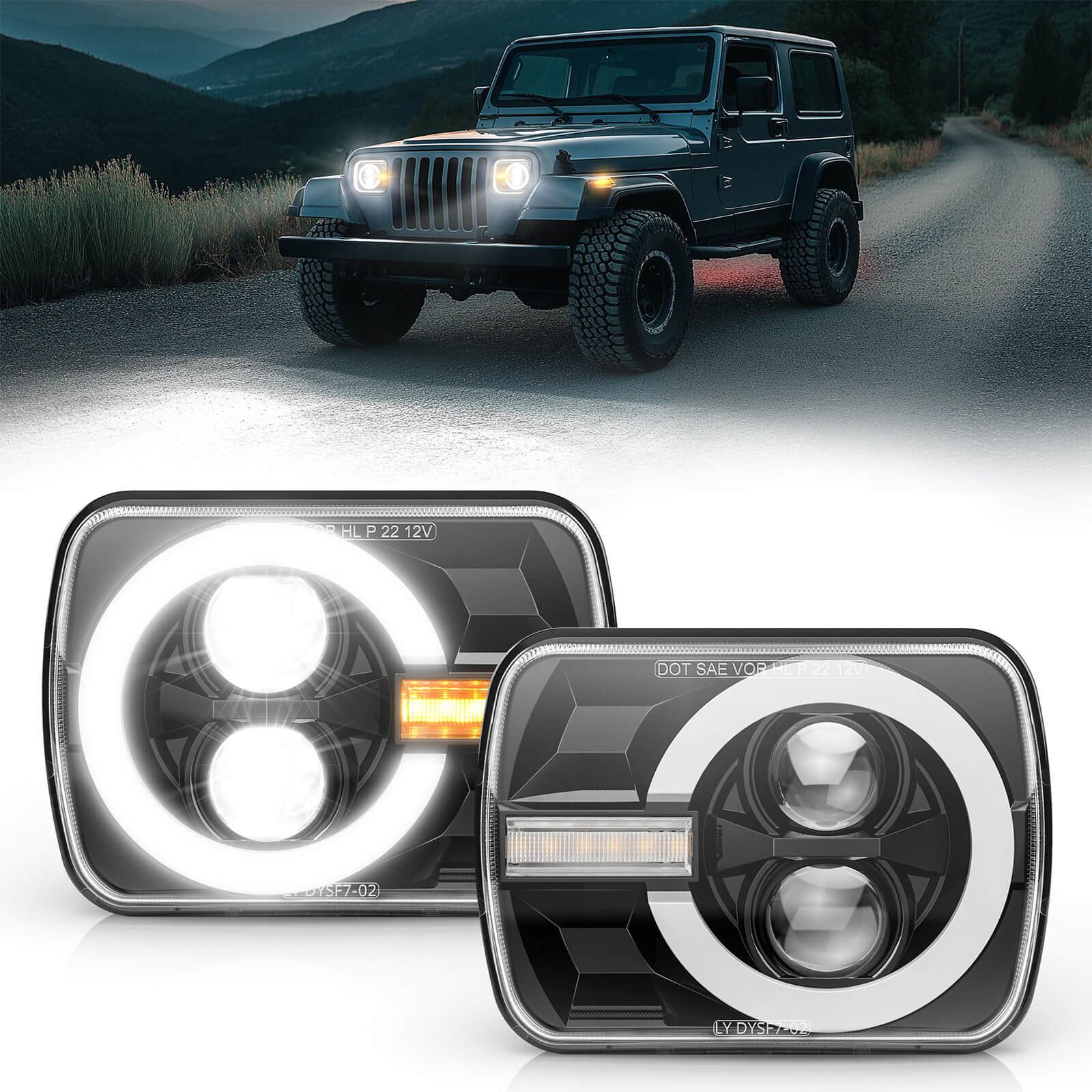 5x7"/7x6" Square LED Headlights, DOT Approved H6054 LED Headlights with Hi/Low Beam DRL Amber Turn Signal, For Jeep Wrangler Cherokee XJ YJ Nissan Toyota GMC, 2PCS
