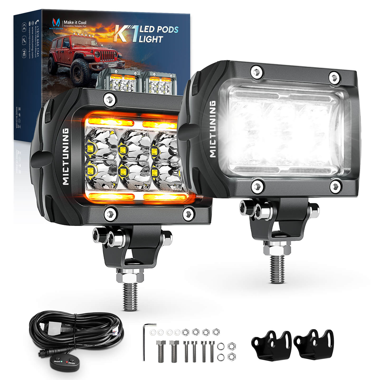 K1 LED Pods Light with Wire Harness, 2pcs 4 Inch IP68 Waterproof Led Off Road Lights Super Bright Driving Fog Light, Flood/Spot