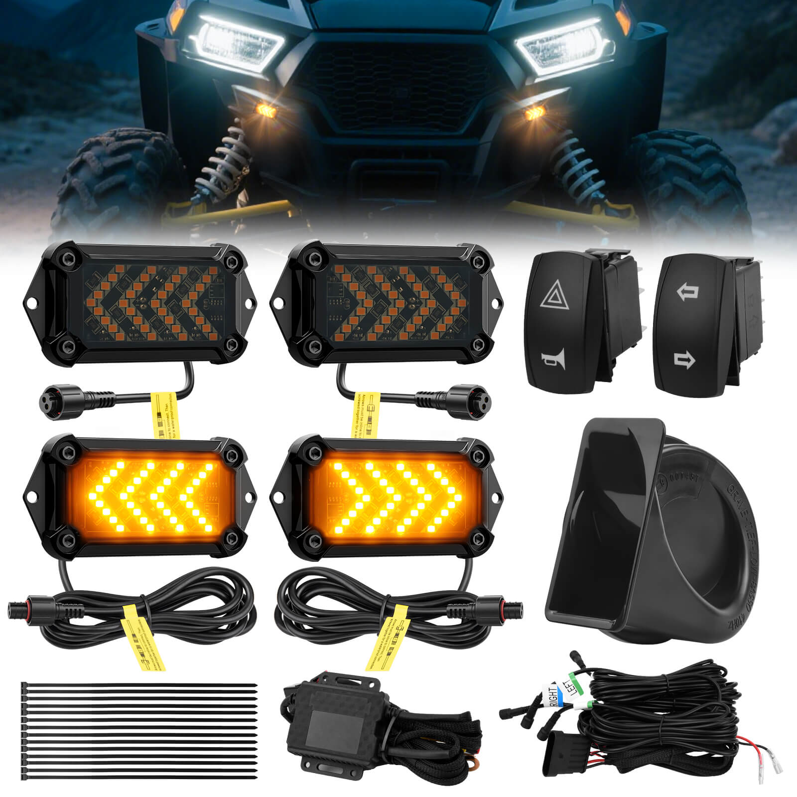 UTV Turn Signal Kit with 110D Horn, Pre-Wired, Plug and Play UTV ATV Arrow-Flow Blinker with Rocker Switch for Polaris, Can-Am, Teryx, CFMOTO
