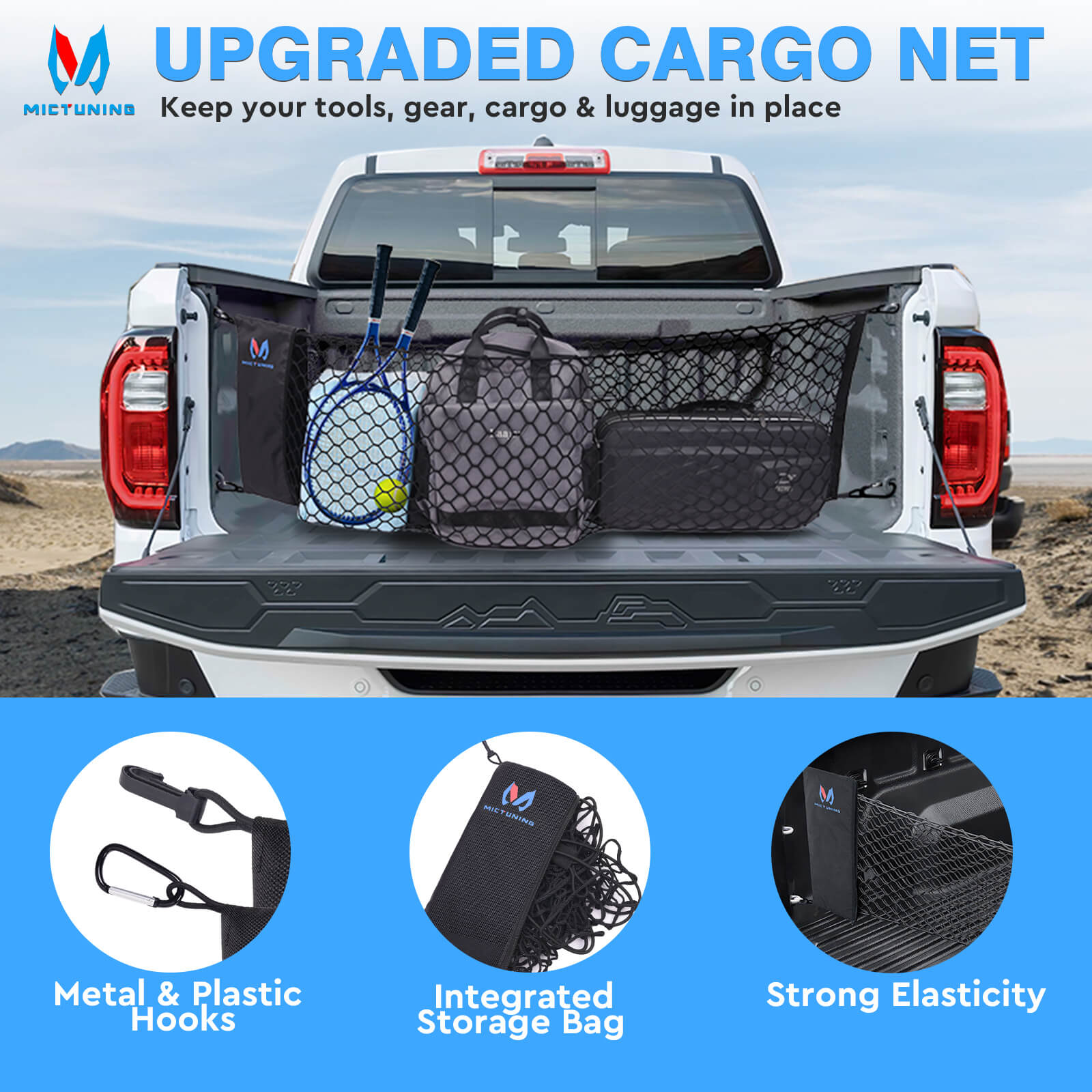 Truck Bed Net Pickup Cargo Net Rear Car Trunk, with Storage Bag & 8 Carabiners Hooks, For Chevy Silverdo Ford F150 GMC(16.9" X 49" to 62")