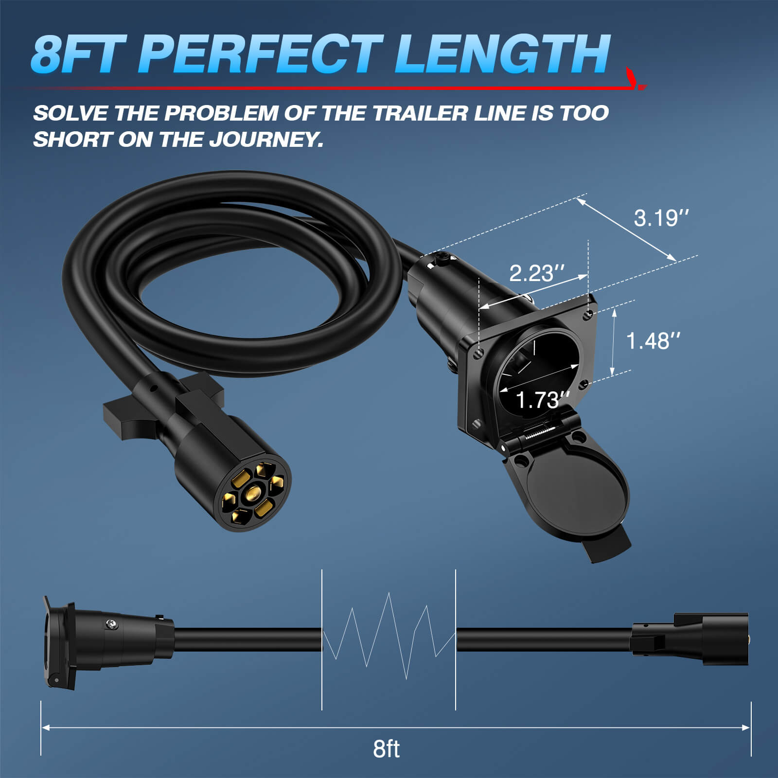 7 Way Trailer Plug Socket Extension Cable 8/12ft - MICTUNING 7 Blade Trailer  Wiring Connector Cord Wire 10-14 AWG