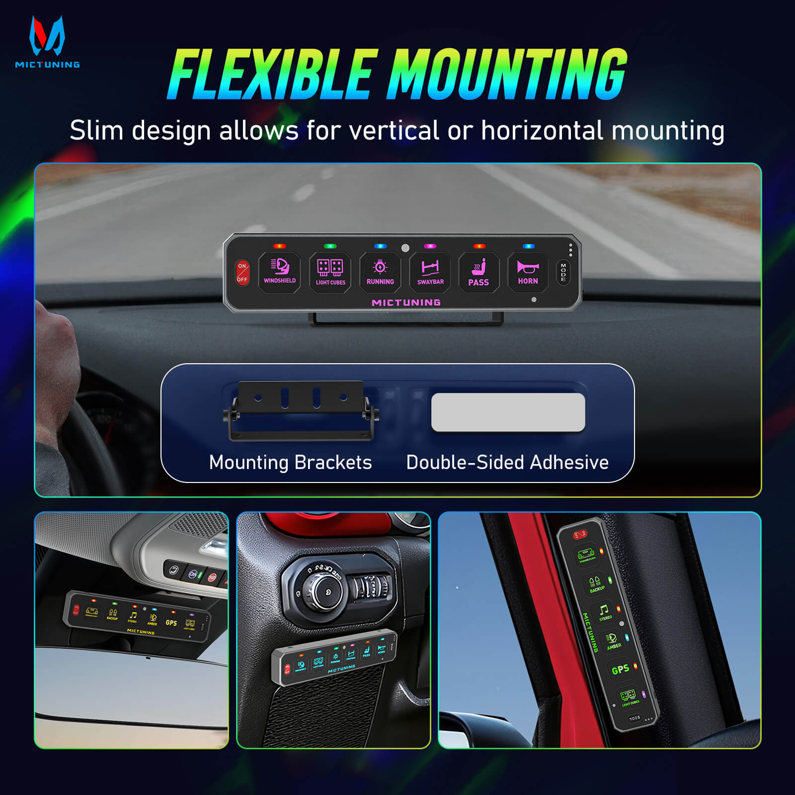 MS-W Slim Wireless Switch Panel, Up to 208FT Range, 6 Gang/8 Gang Toggle Momentary Strobe Pulsed Flash, RGB Dimmable Backlit