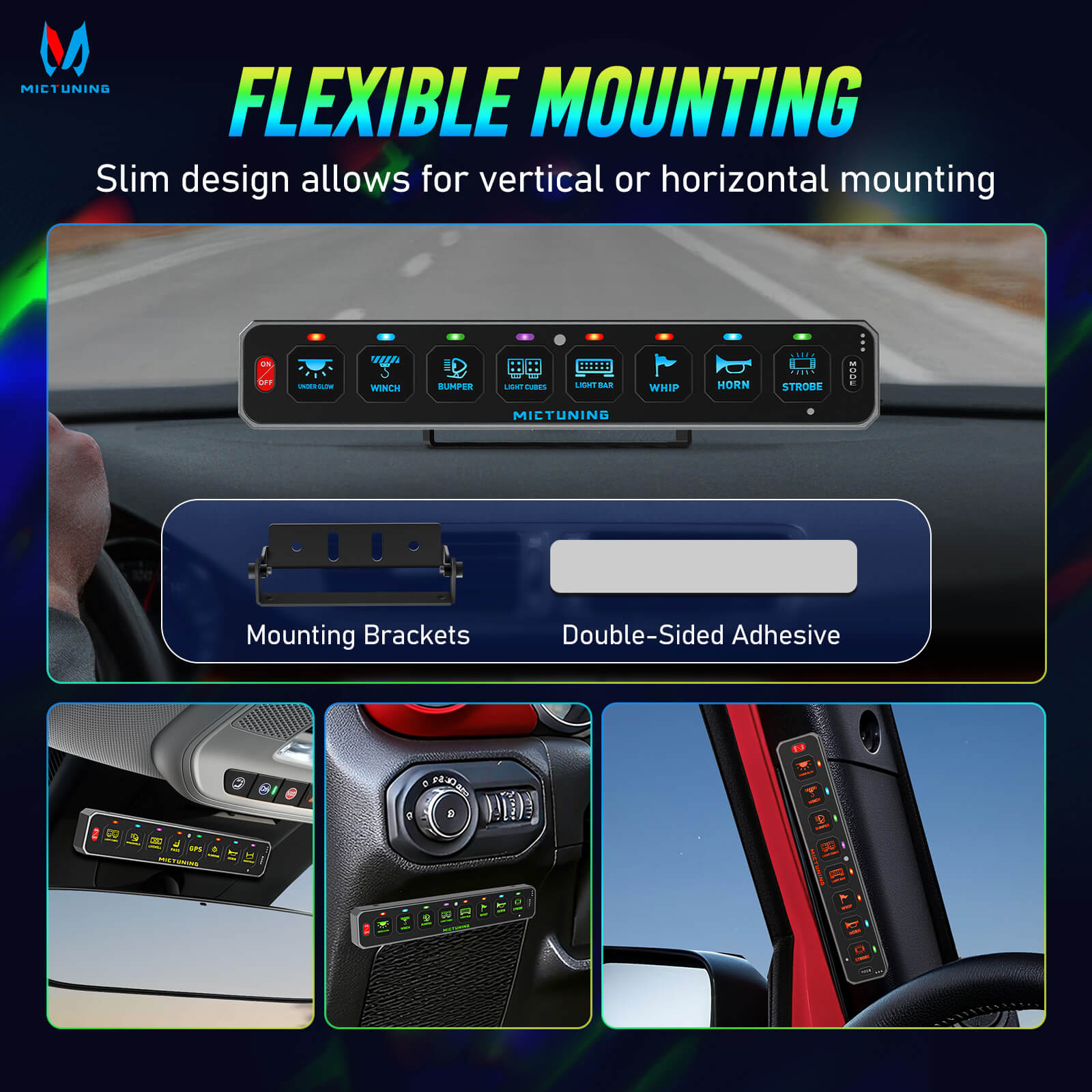 MS-W Slim Wireless Switch Panel, Up to 208FT Range, 6 Gang/8 Gang Toggle Momentary Strobe Pulsed Flash, RGB Dimmable Backlit