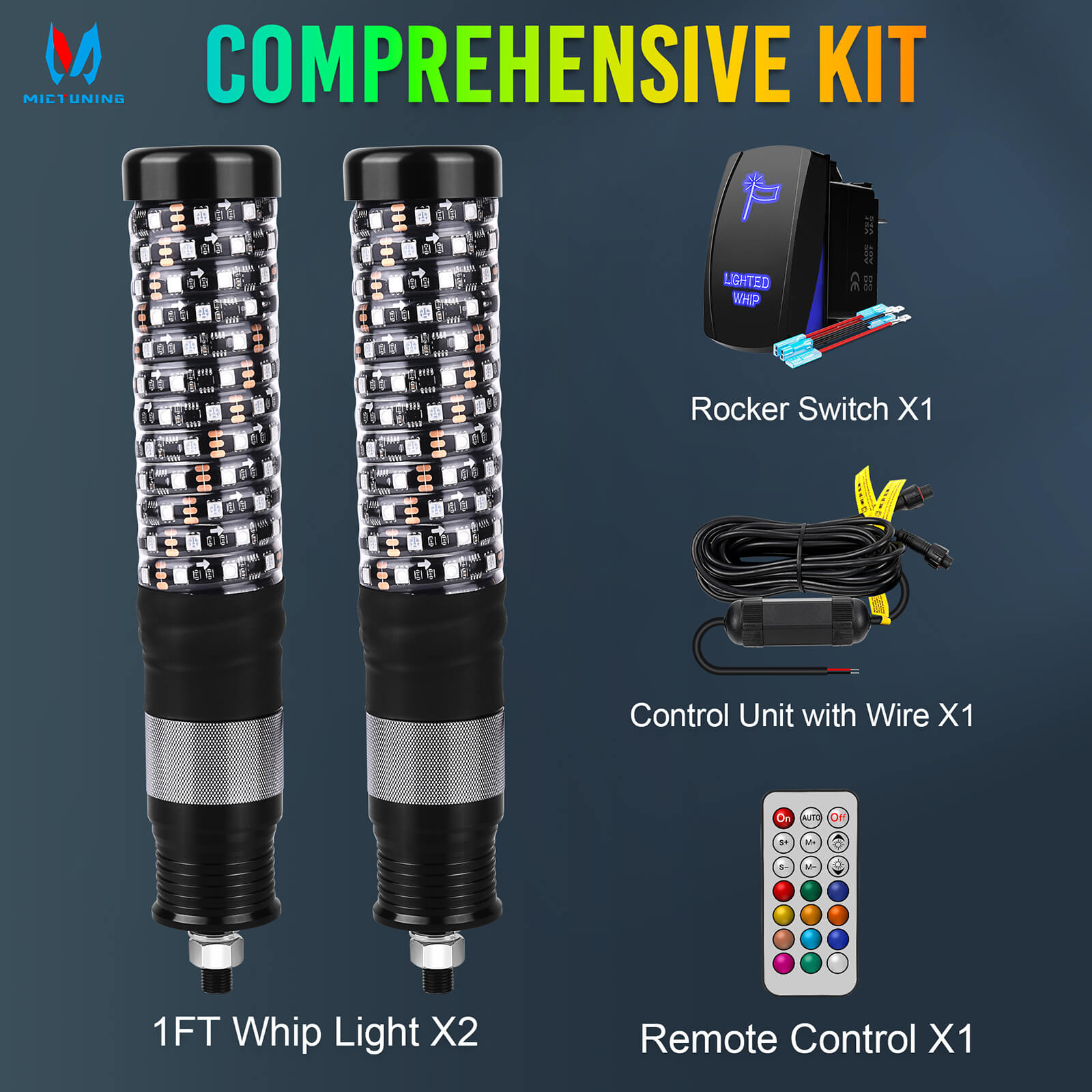 MICTUNING 1FT/2FT Fat LED Whip Light RGB+IC Chasing Colors