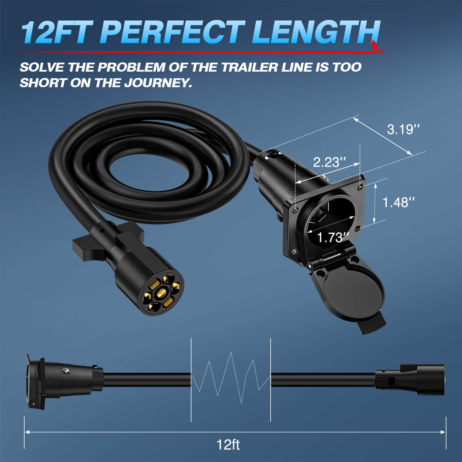 7 Way Trailer Plug Socket Extension Cable 8/12ft - 7 Blade Trailer Wiring Connector Cord Wire 10-14 AWG