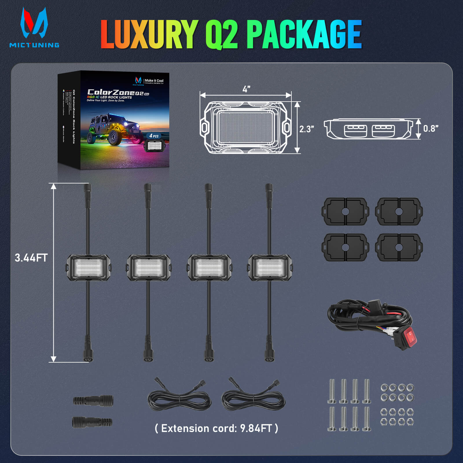 Newest Q2 MAX RGB+IC Rock Lights, 8-16 Pods Multi-Color DIY Effect Underglow Neon Kit, Individual Group Control, APP Control