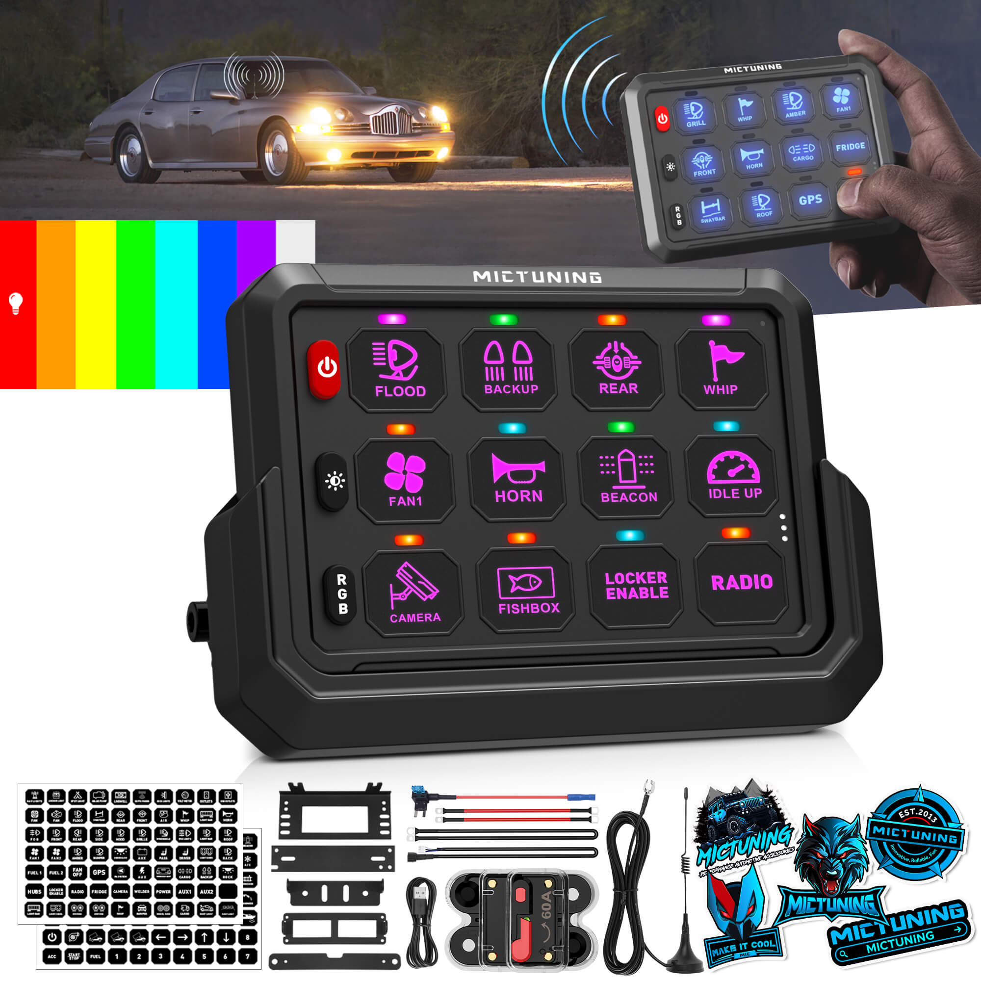 P1s-AC Wireless Cordless RGB Switch Panel Up to 265FT 8/12 Gang Bundle with Q2 MAX RGB+IC Rock Lights Individual Group Control, 8-16 Pods