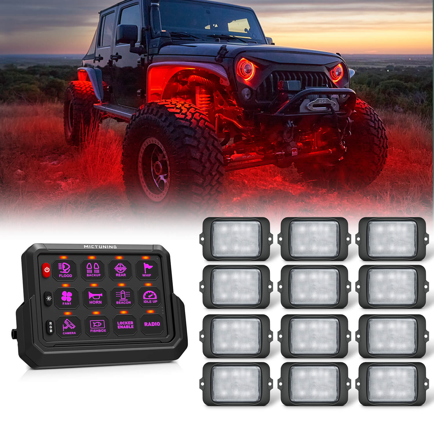 MICTUNING C3 RGBW Rock Lights Kit with Wireless RGB Switch Panel