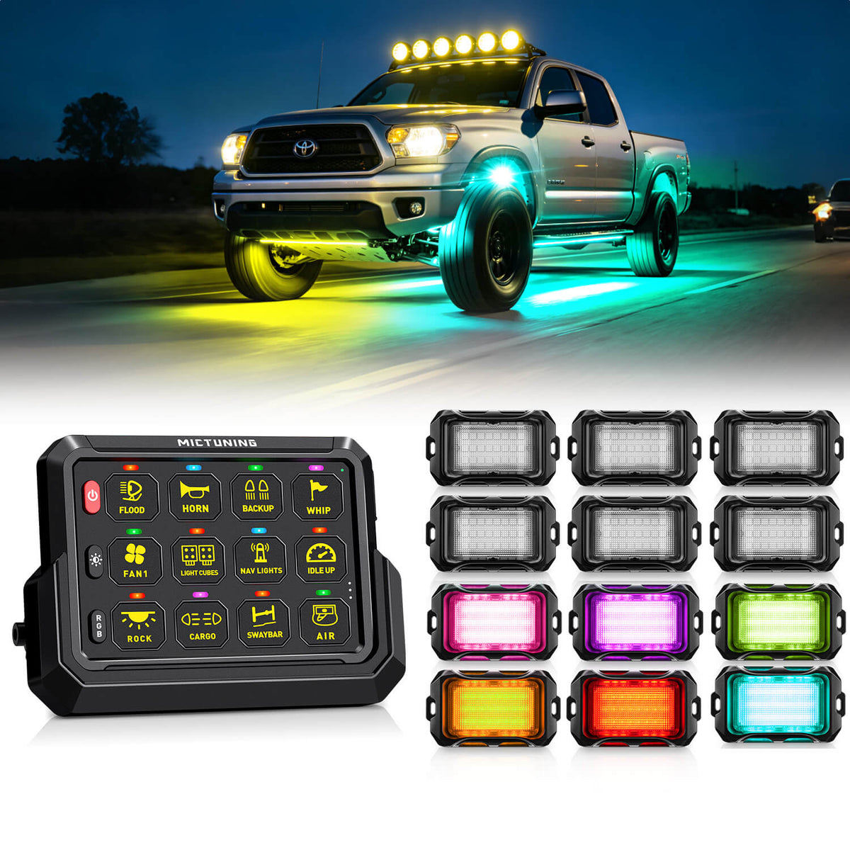 P1s-AC Wireless Cordless RGB Switch Panel Up to 265FT 8/12 Gang Bundle with Q2 MAX RGB+IC Rock Lights Individual Group Control, 8-16 Pods