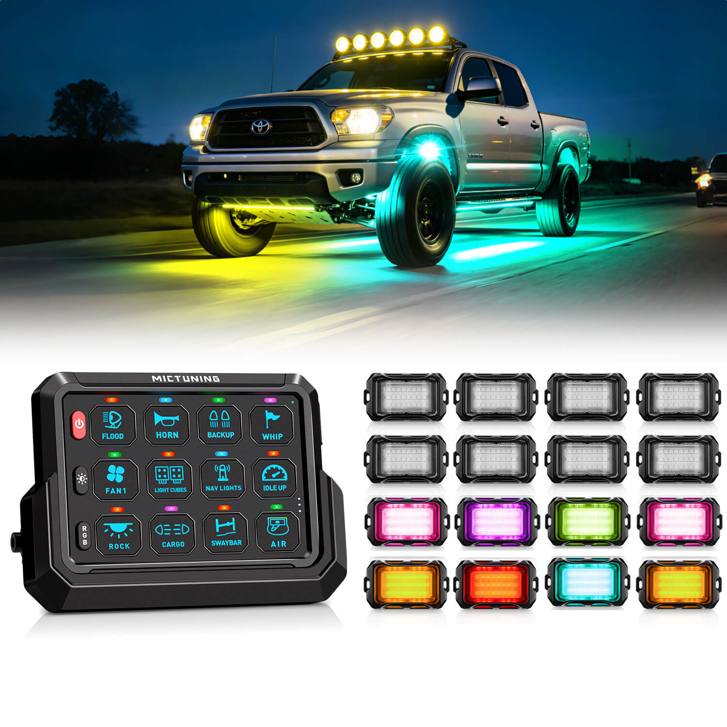 P1s-AC Wireless Cordless RGB Switch Panel Up to 265FT 8/12 Gang Bundle with Q2 MAX RGB+IC Rock Lights Individual Group Control, 8-16 Pods
