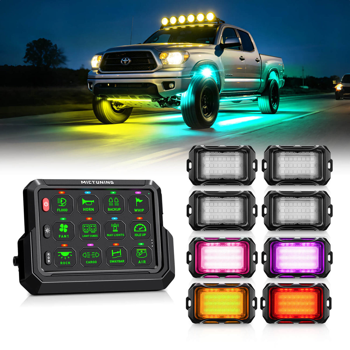 P1s-AC Wireless Cordless RGB Switch Panel Up to 265FT 8/12 Gang Bundle with Q2 MAX RGB+IC Rock Lights Individual Group Control, 8-16 Pods