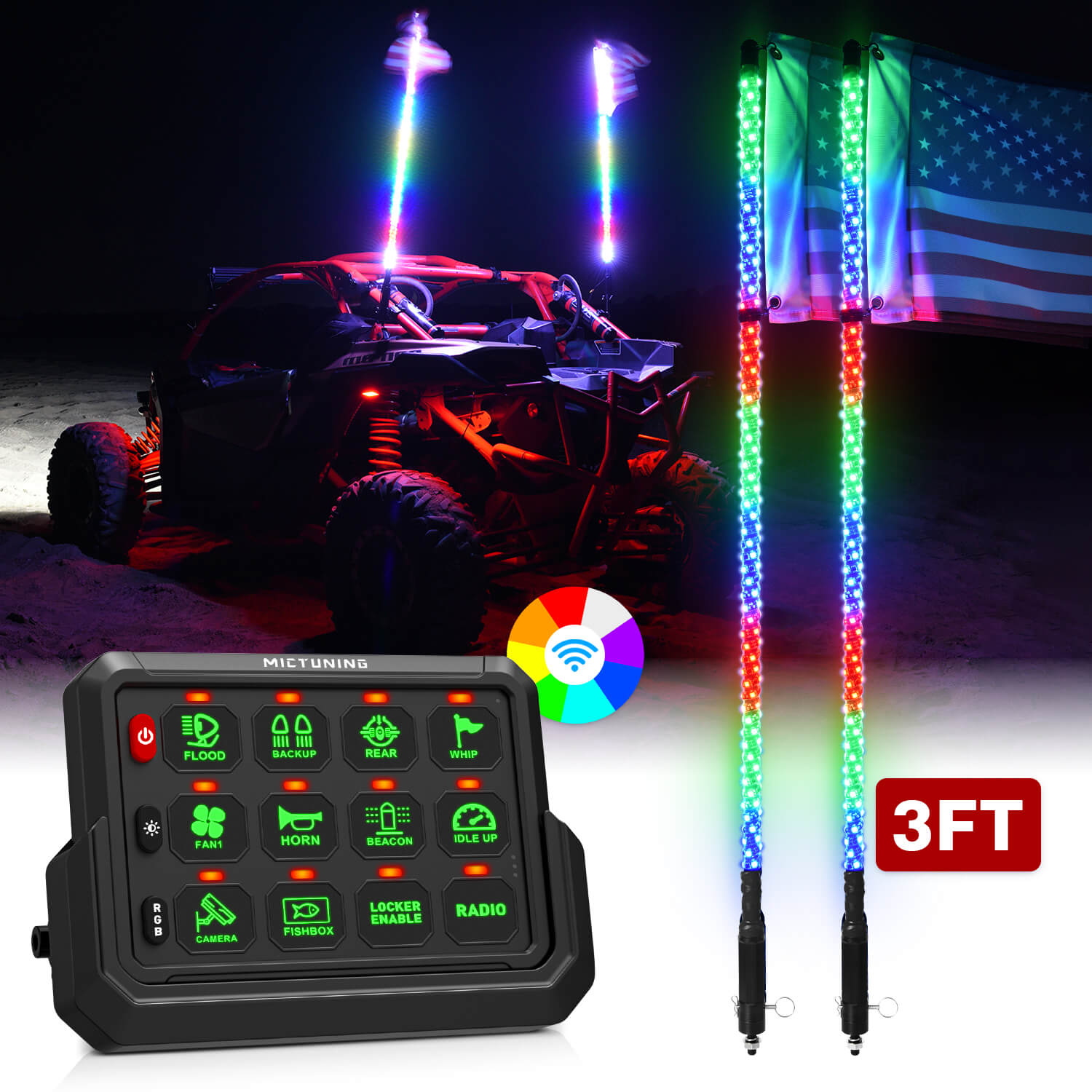 Wireless RGB Switch Panel P1s-AC Bundle with W1 Spiral LED Whip Lights