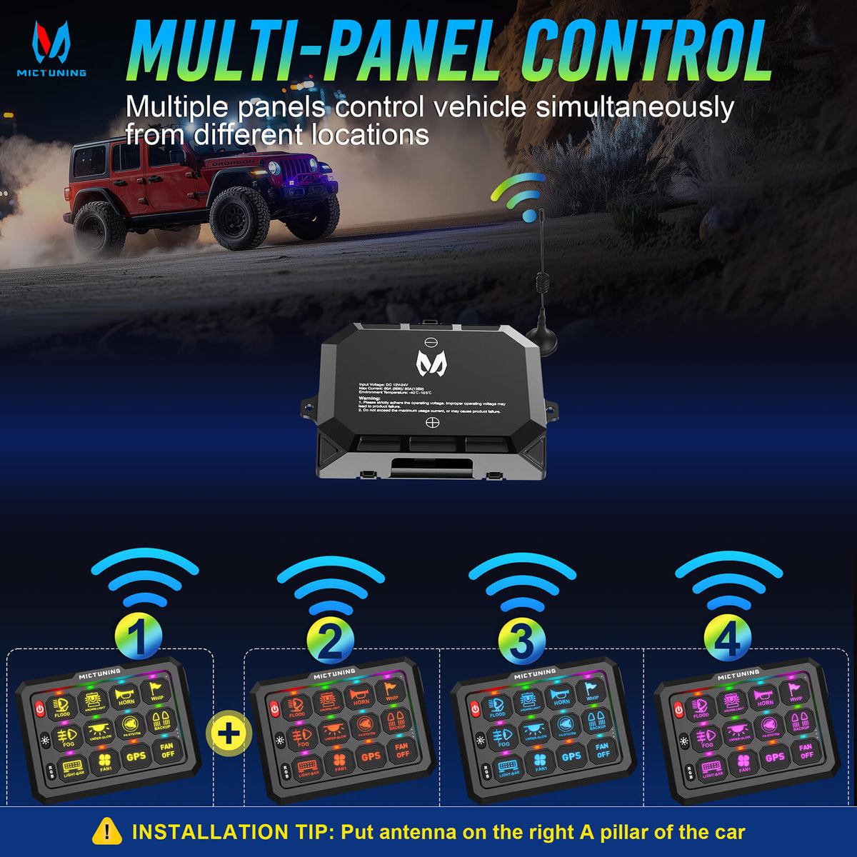 P1s-W Wireless Switch Panel Support Multi-panel Control, Up to 328FT Range, 8/12 Gang Bundle with Q2 MAX RGB+IC Rock Lights Individual Group Control, 8-16 Pods