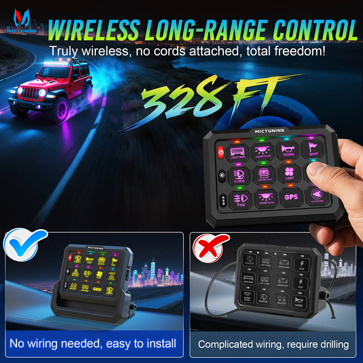 P1s-W Wireless Switch Panel Support Multi-panel Control, Up to 328FT Range, 8/12 Gang Bundle with Q2 MAX RGB+IC Rock Lights Individual Group Control, 8-16 Pods