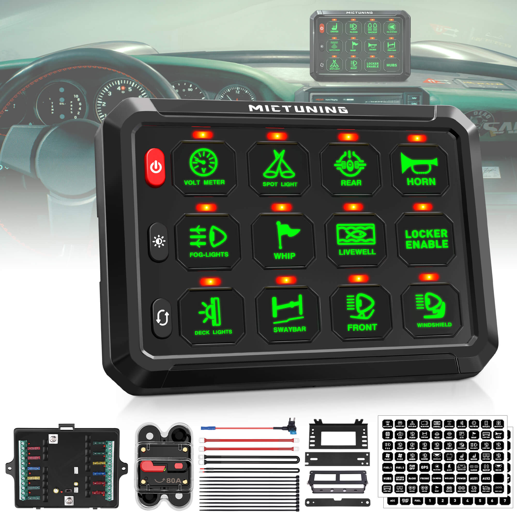 All-In-One Auxiliary Blue/Green Switch Panel, MICTUNING P1S