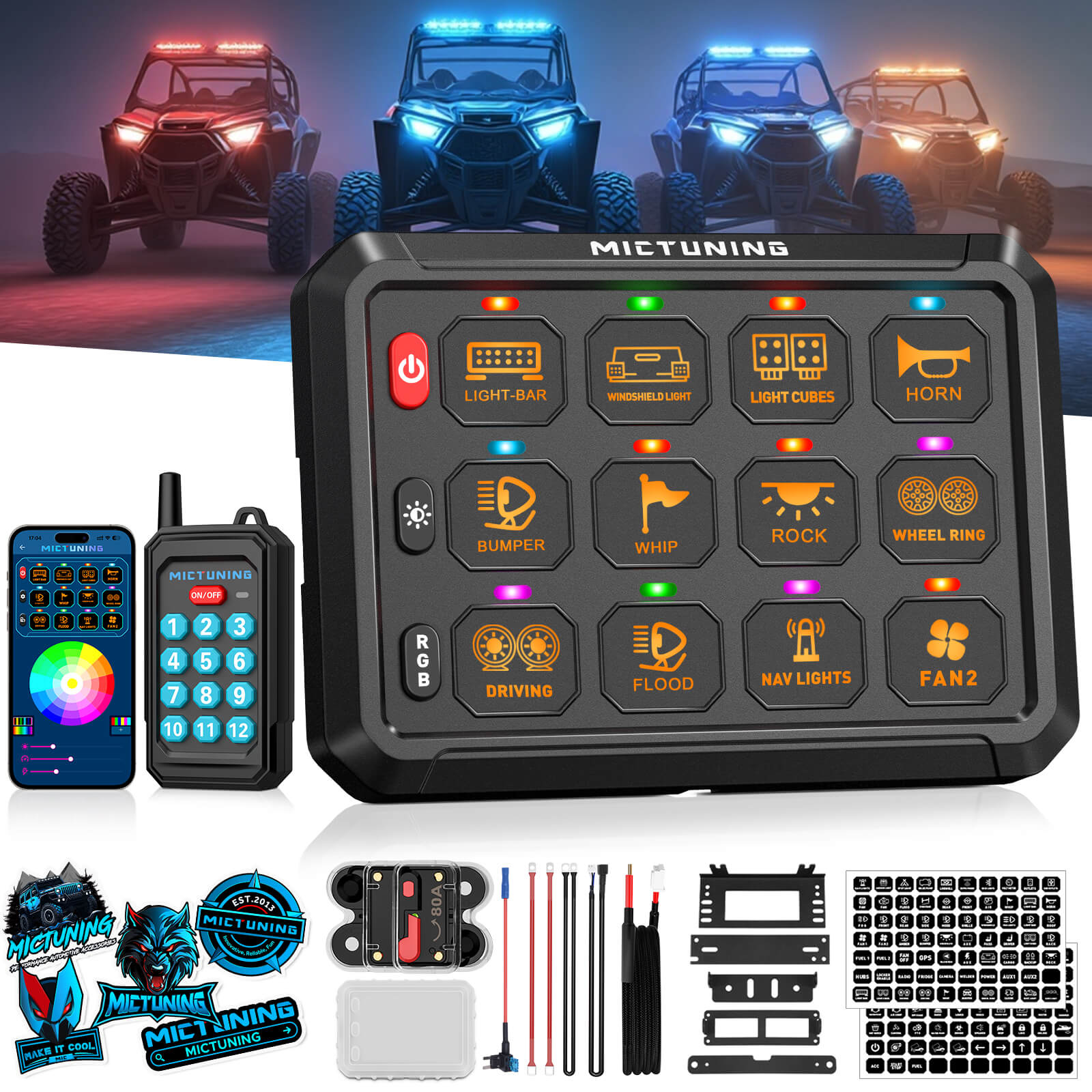 MICTUNING Upgraded P1Y RGB Switch Panel with Remote+App Control, 6/8/12 Gang, Remote Control Range Up to 230FT