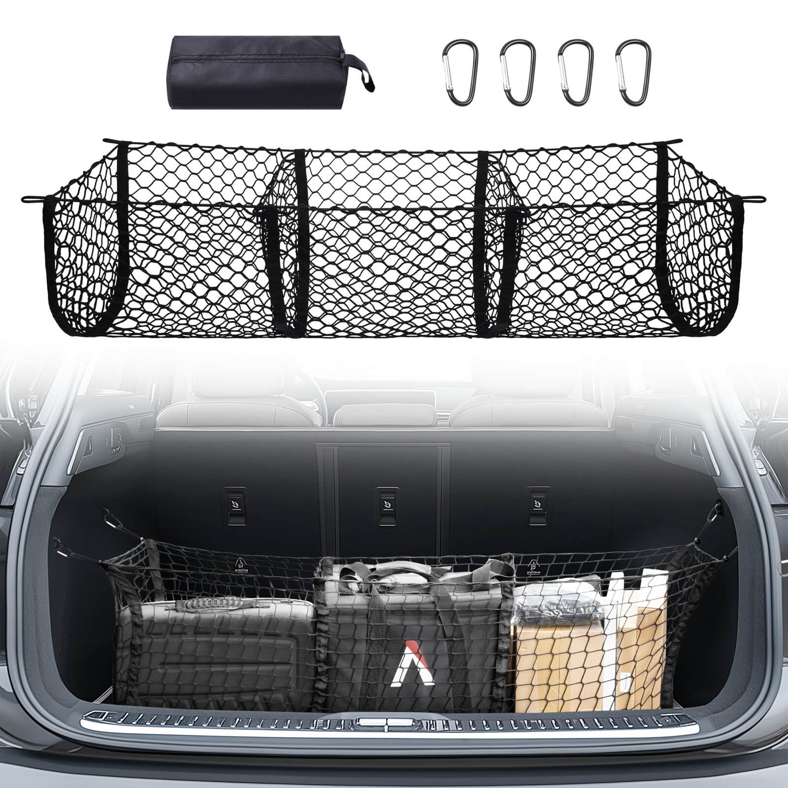 3 Pocket Mesh Cargo Net, Elastic Stretchable Cargo Organizer Storage Net for Car, SUV, Pickup Truck Bed with Metal Carabiners Storage Bag