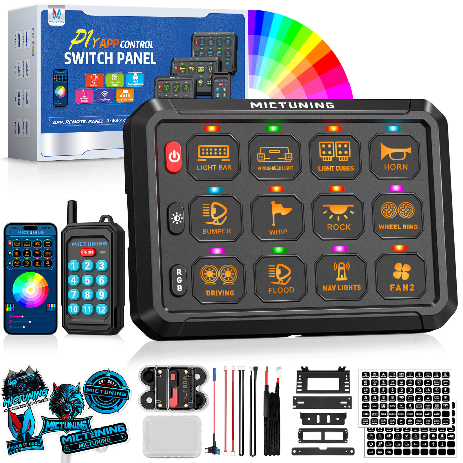 2025 Upgraded P1Y RGB Switch Panel with Wireless Remote+App Control, 8/12 Gang, Circuit Box Toggle Switch Momentary Circuit 230FT Control Relay System