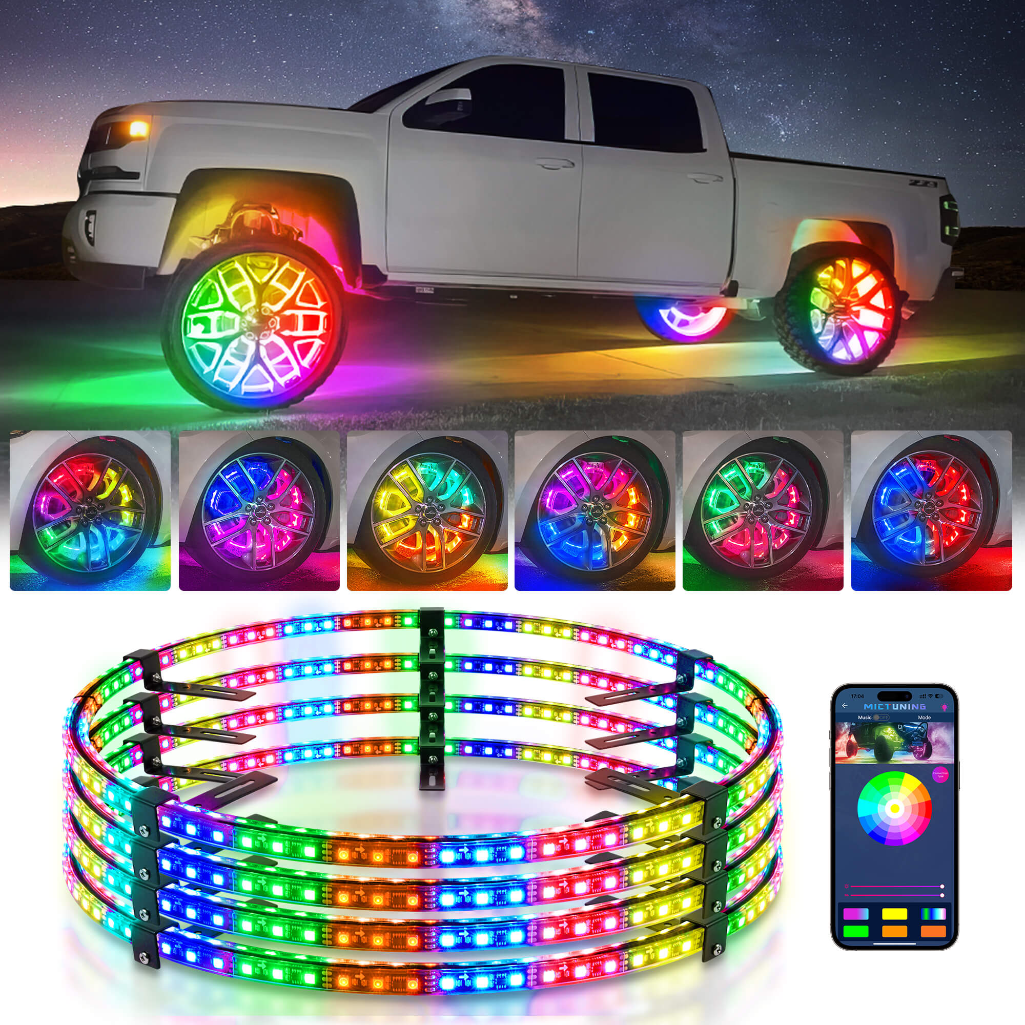 鹿 礼光 リングライト 17.5″ RGBW LED Wheel Ring Lights 4pcs MICTUNING, Wheel Light For
