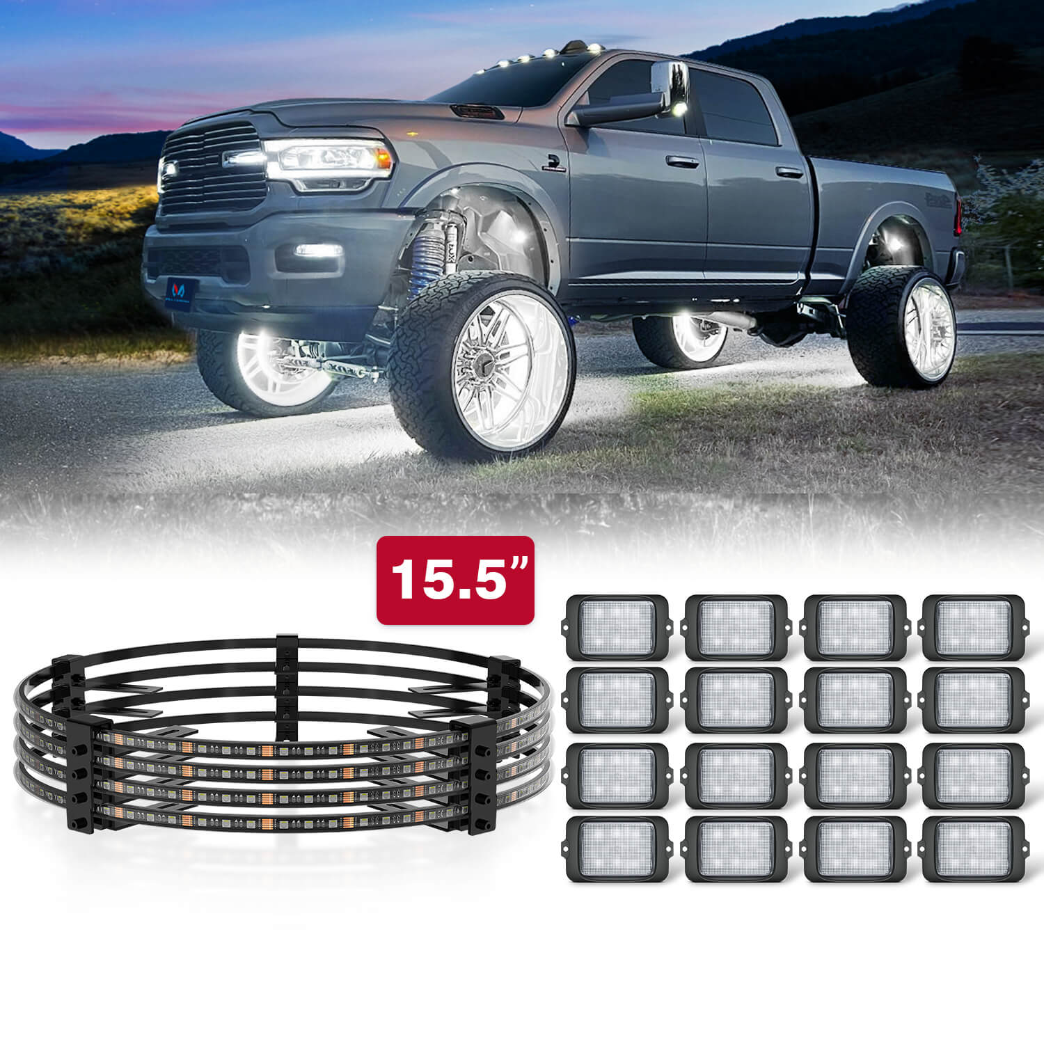 C3 RGBW Rock Lights Kit with V1 RGBW Wheel Ring Lights Kit