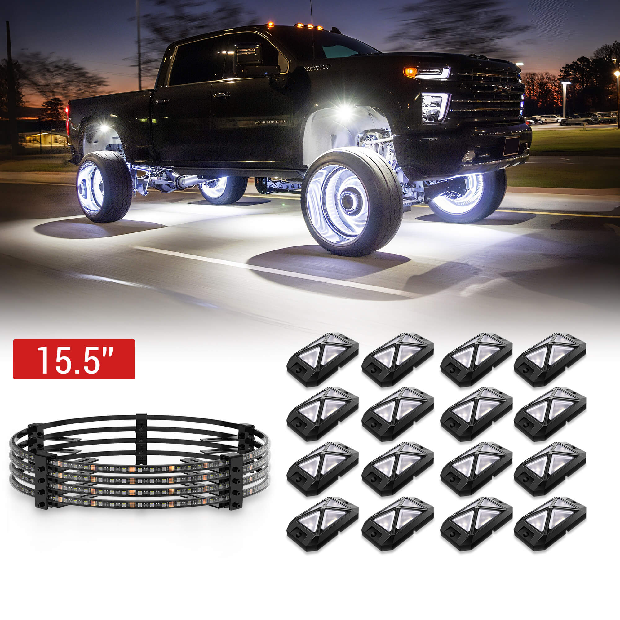 C4 4-Sided RGBW LED Rock Lights 8-16 Pods Bundle with V1 RGBW LED Wheel Ring Lights Kit 15.5″/17.5″