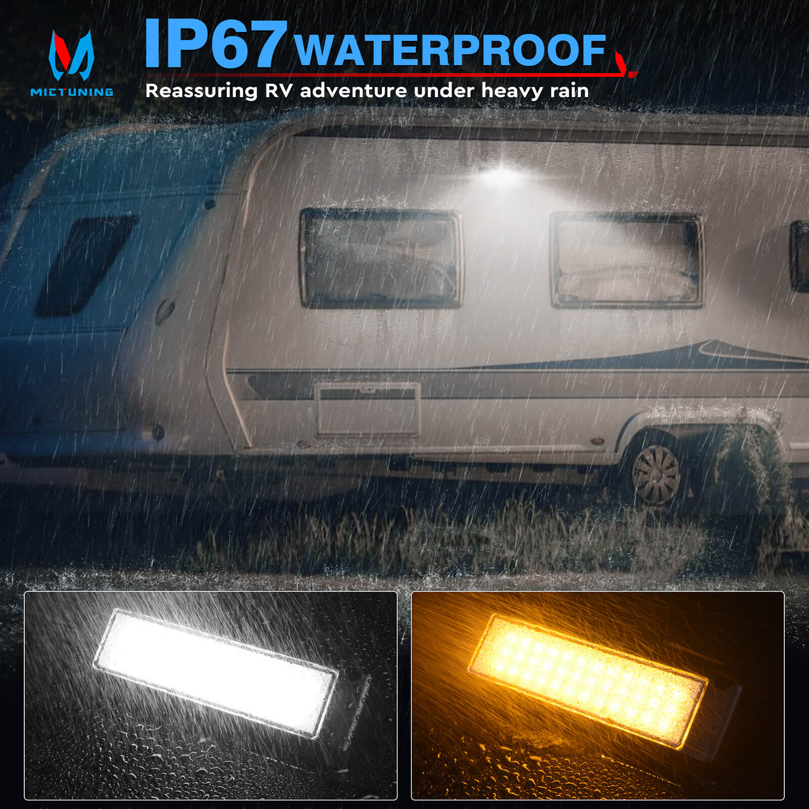 9 Inch 54W RV Porch Lights, LED Yellow 3000K/White 6000K Utility Awning Light, 2100LM, IP67 Waterproof