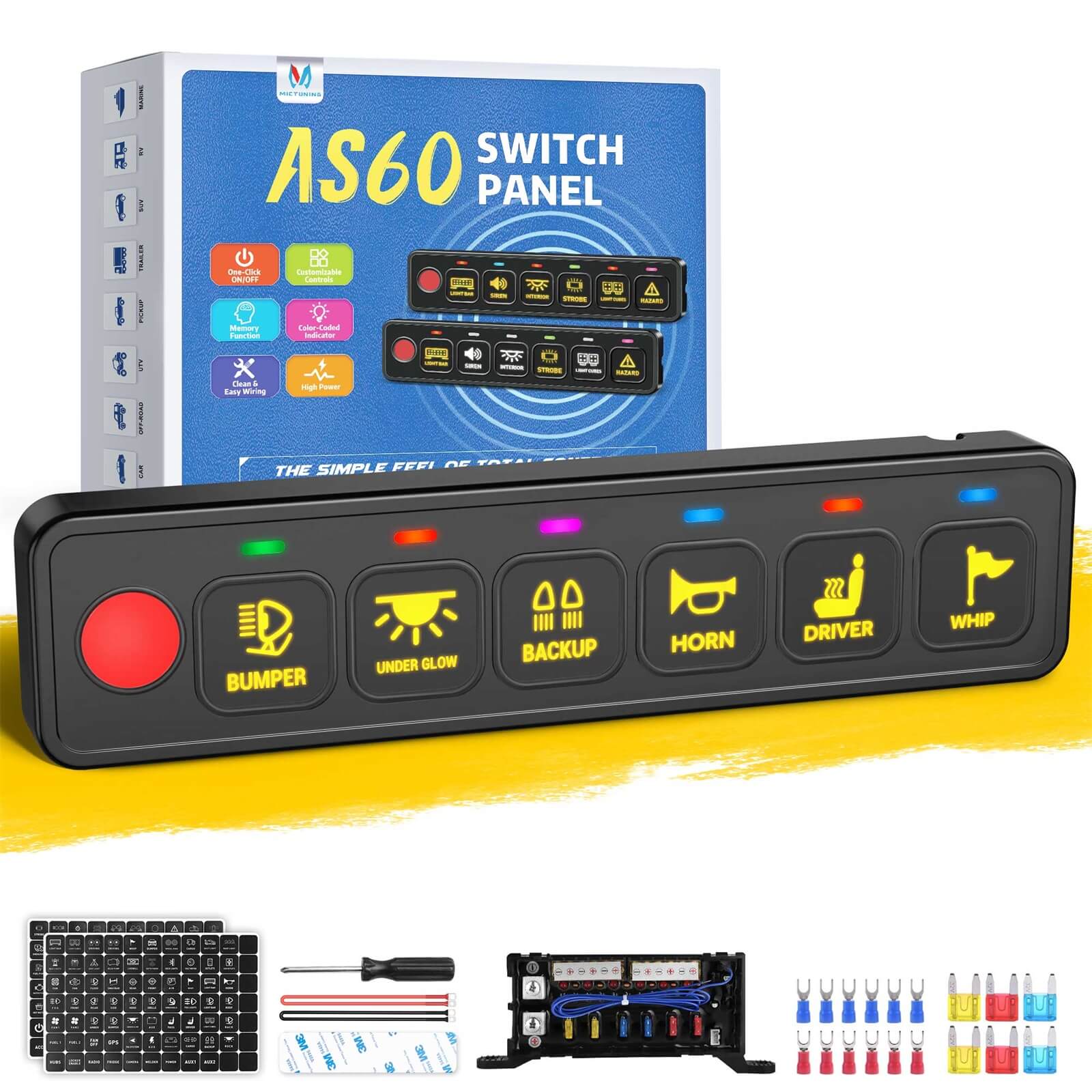 AS-40/AS-60 4 Gang/6 Gang Switch Panel, High Power Multifunction Toggle Momentary Strobe Circuit Control Relay System Box with Strong Adhesive