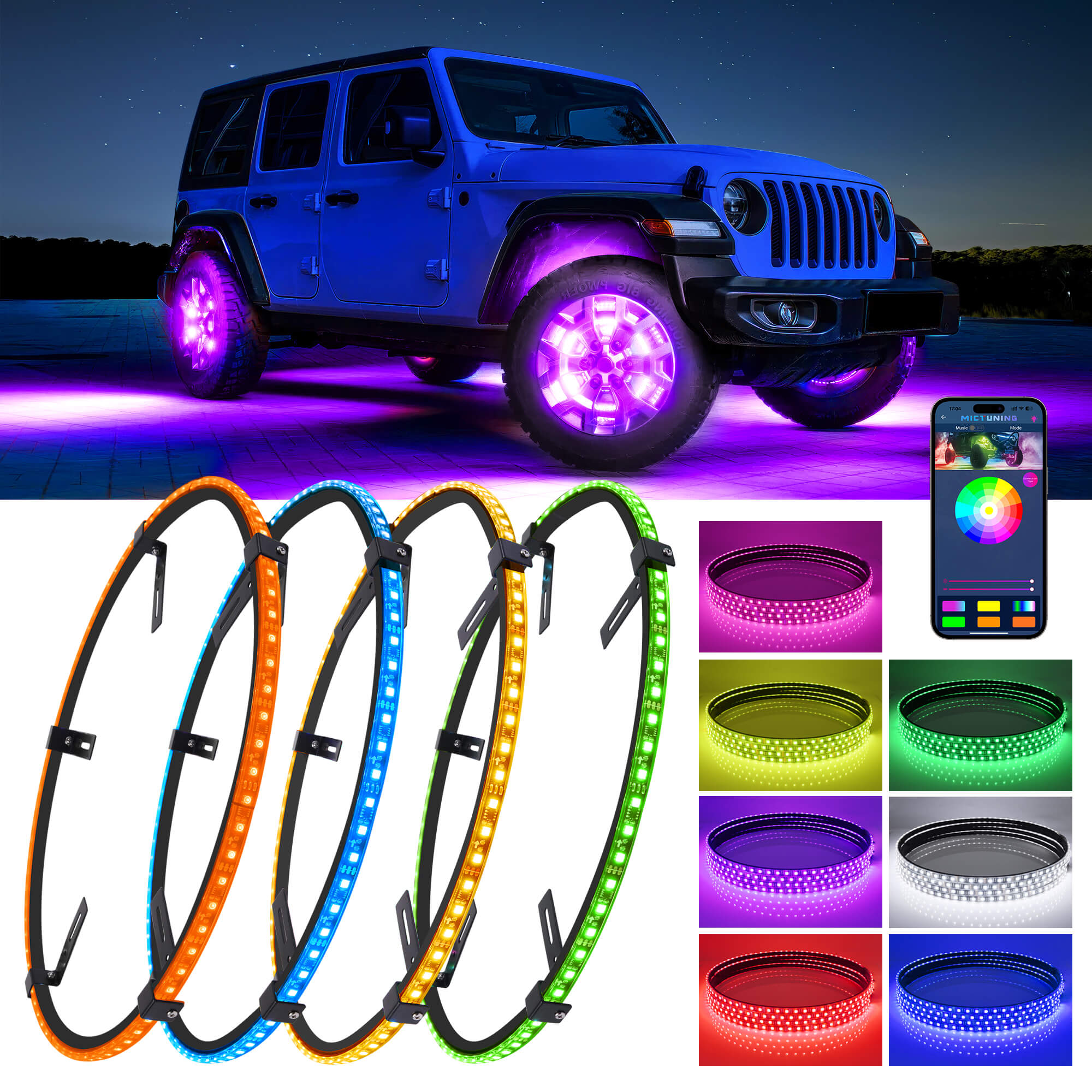 17.5″  RGBW LED Wheel Ring Lights 4pcs Neon Wheel Rim Lights w/Turn Signal & Braking Function