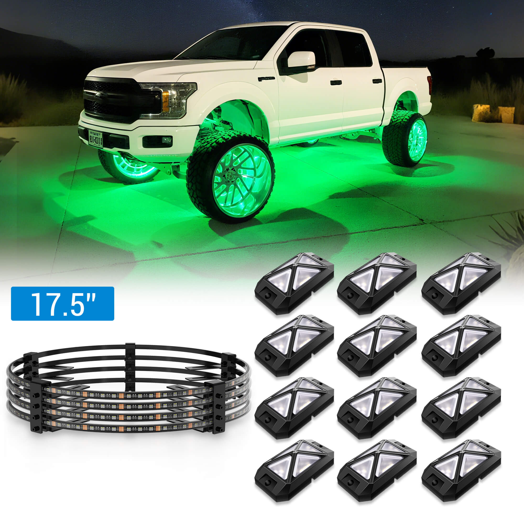 C4 4-Sided RGBW LED Rock Lights 8-16 Pods Bundle with V1 RGBW LED Wheel Ring Lights Kit 15.5″/17.5″