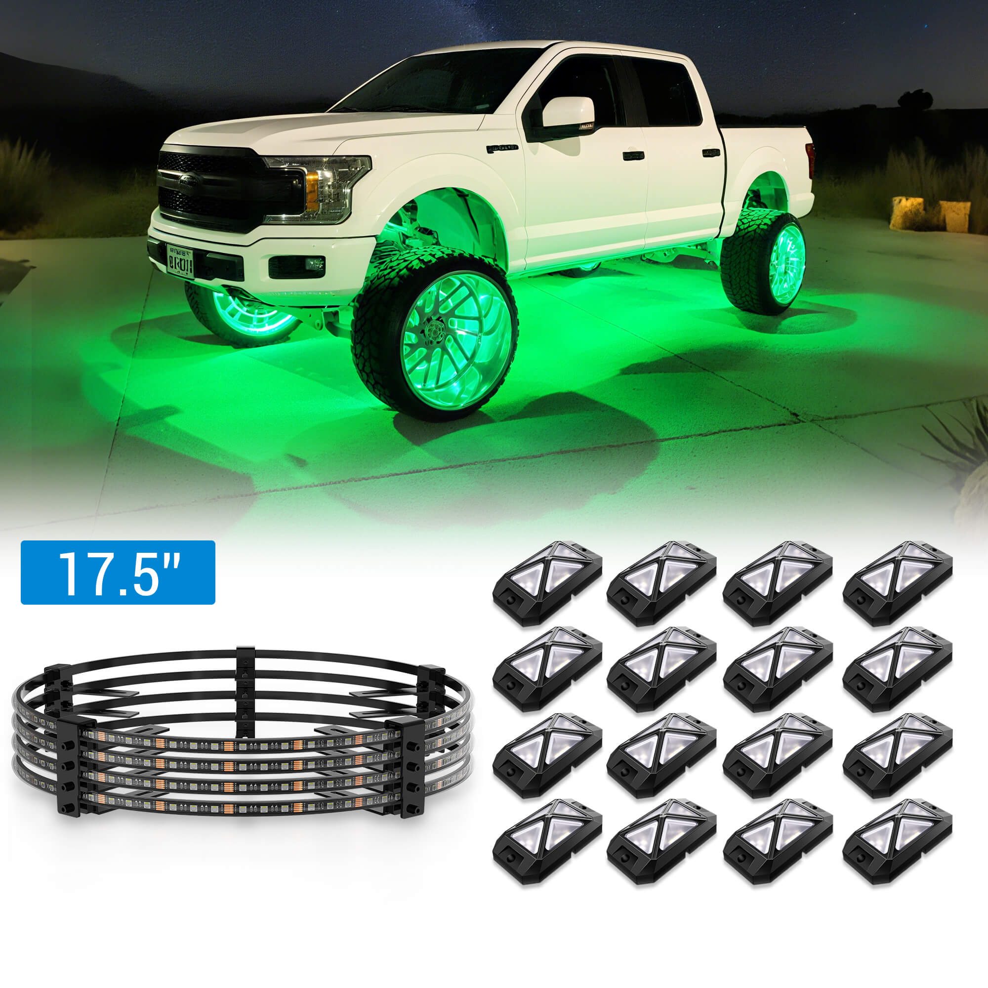 C4 4-Sided RGBW LED Rock Lights 8-16 Pods Bundle with V1 RGBW LED Wheel Ring Lights Kit 15.5″/17.5″