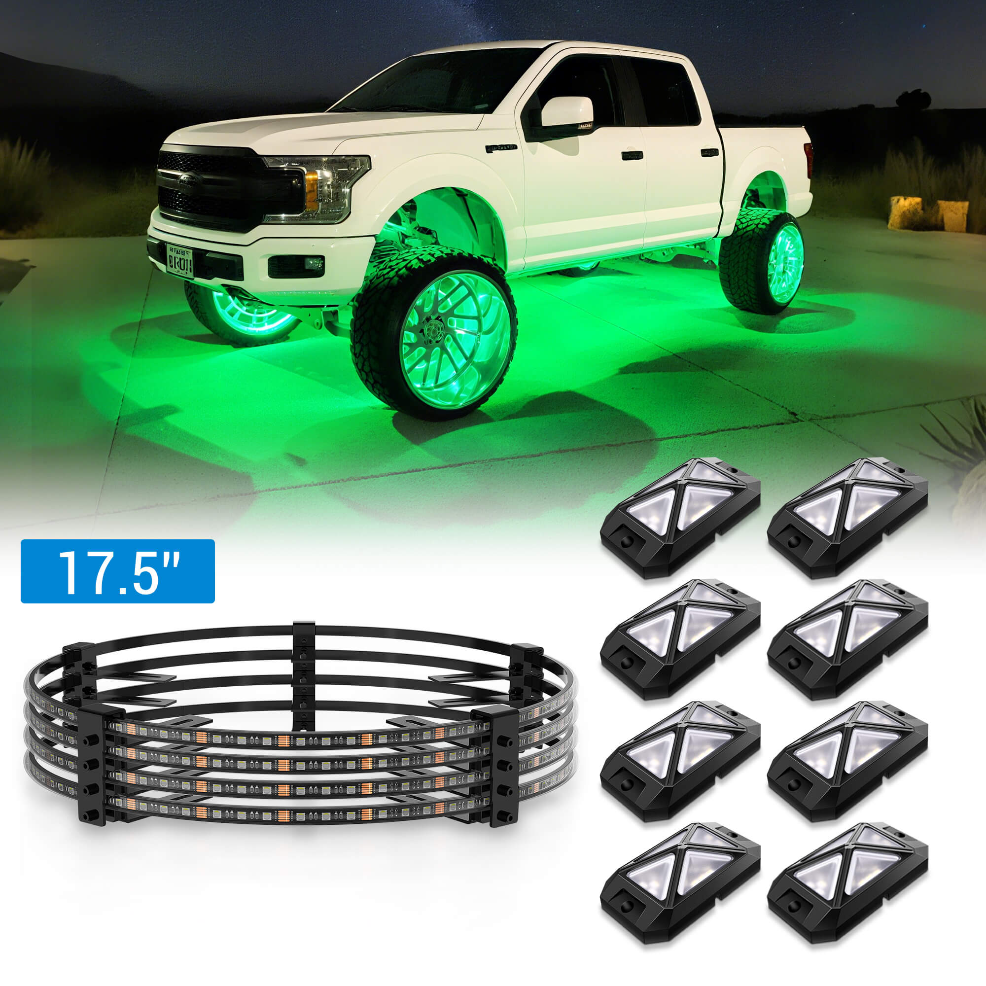 C4 4-Sided RGBW LED Rock Lights 8-16 Pods Bundle with V1 RGBW LED Wheel Ring Lights Kit 15.5″/17.5″