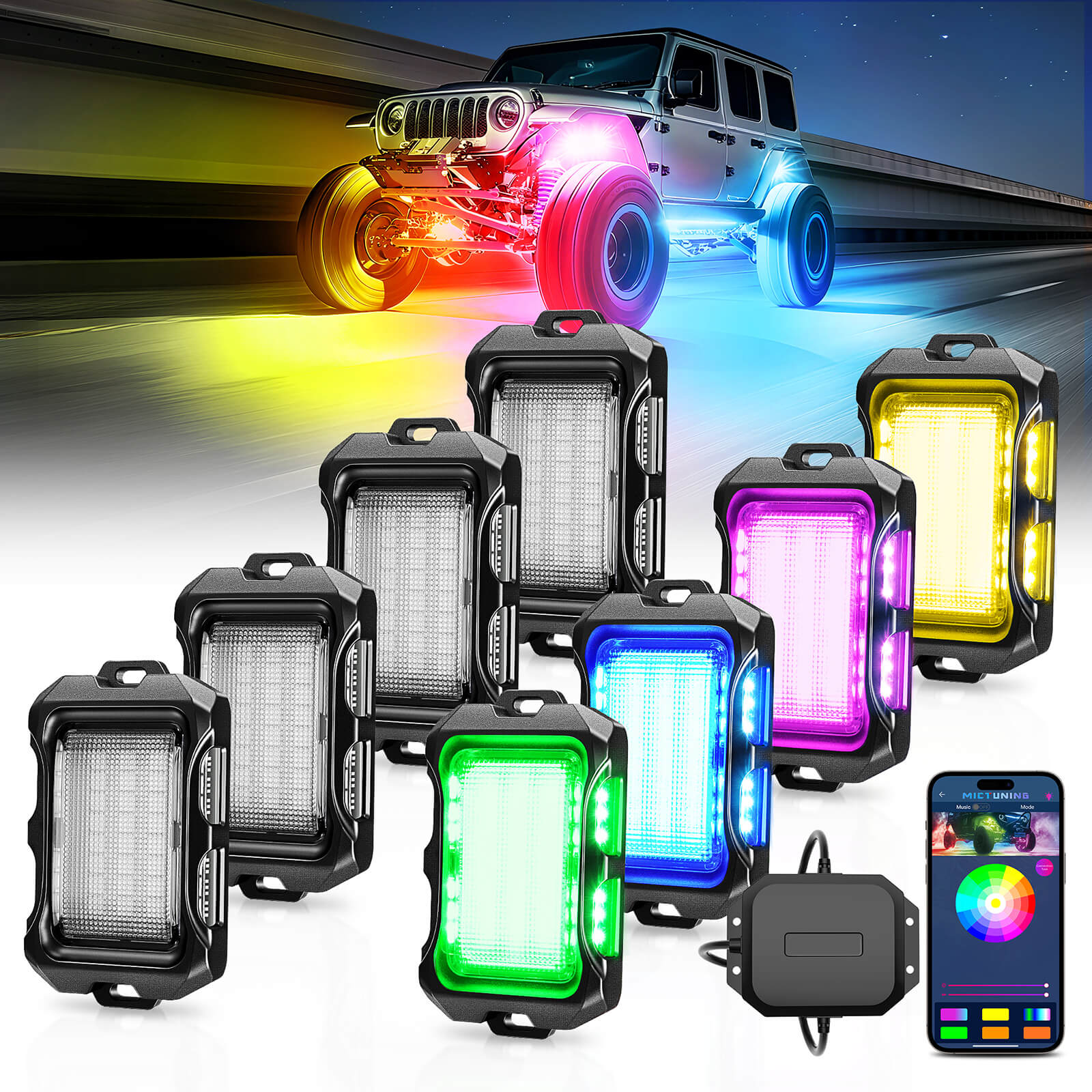 Newest Q2 MAX RGB+IC Rock Lights, 8-16 Pods Multi-Color DIY Effect Underglow Neon Kit, Individual Group Control, Extensible Up to 20 Pods, APP Control
