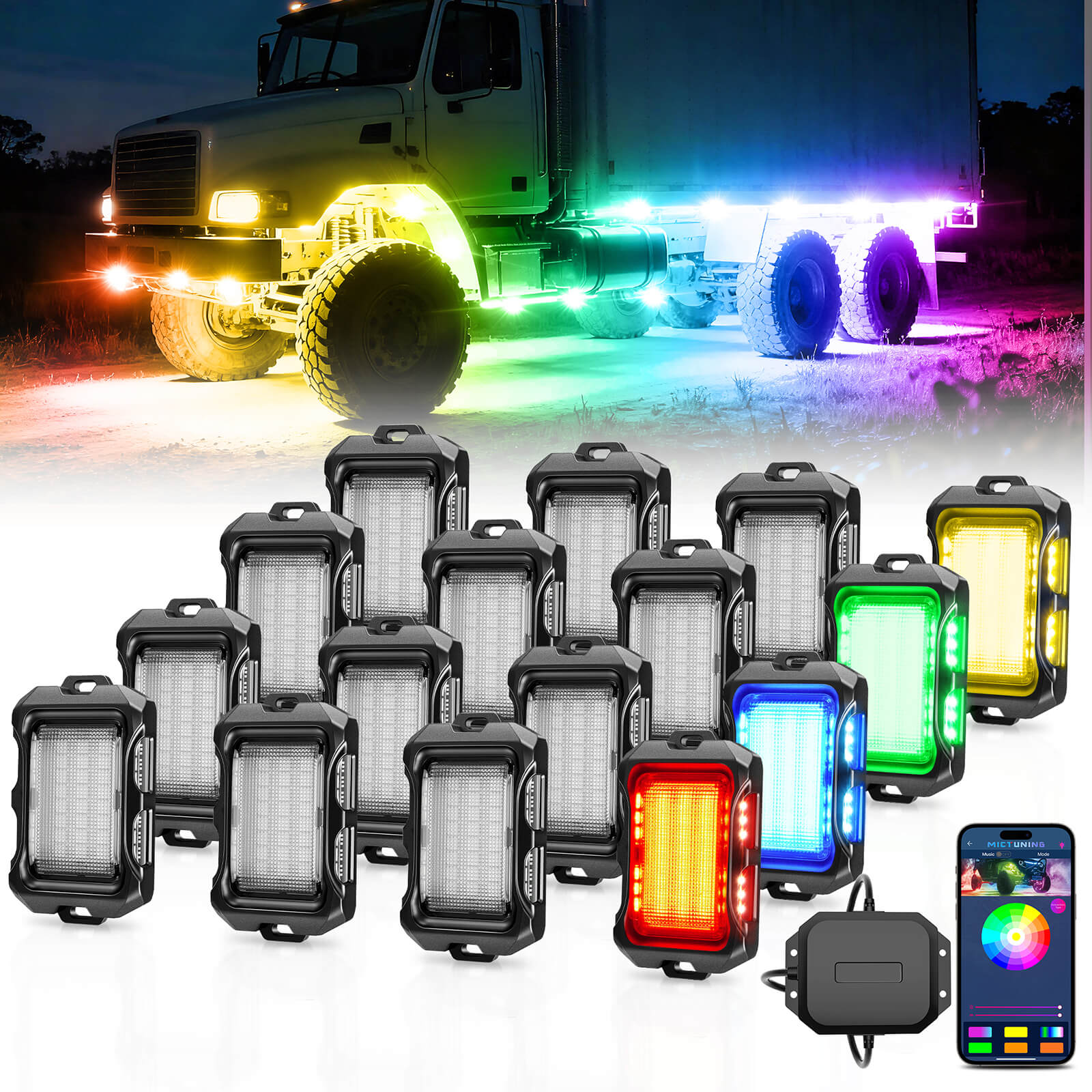 Newest Q2 MAX RGB+IC Rock Lights, 8-16 Pods Multi-Color DIY Effect Underglow Neon Kit, Individual Group Control, Extensible Up to 20 Pods, APP Control