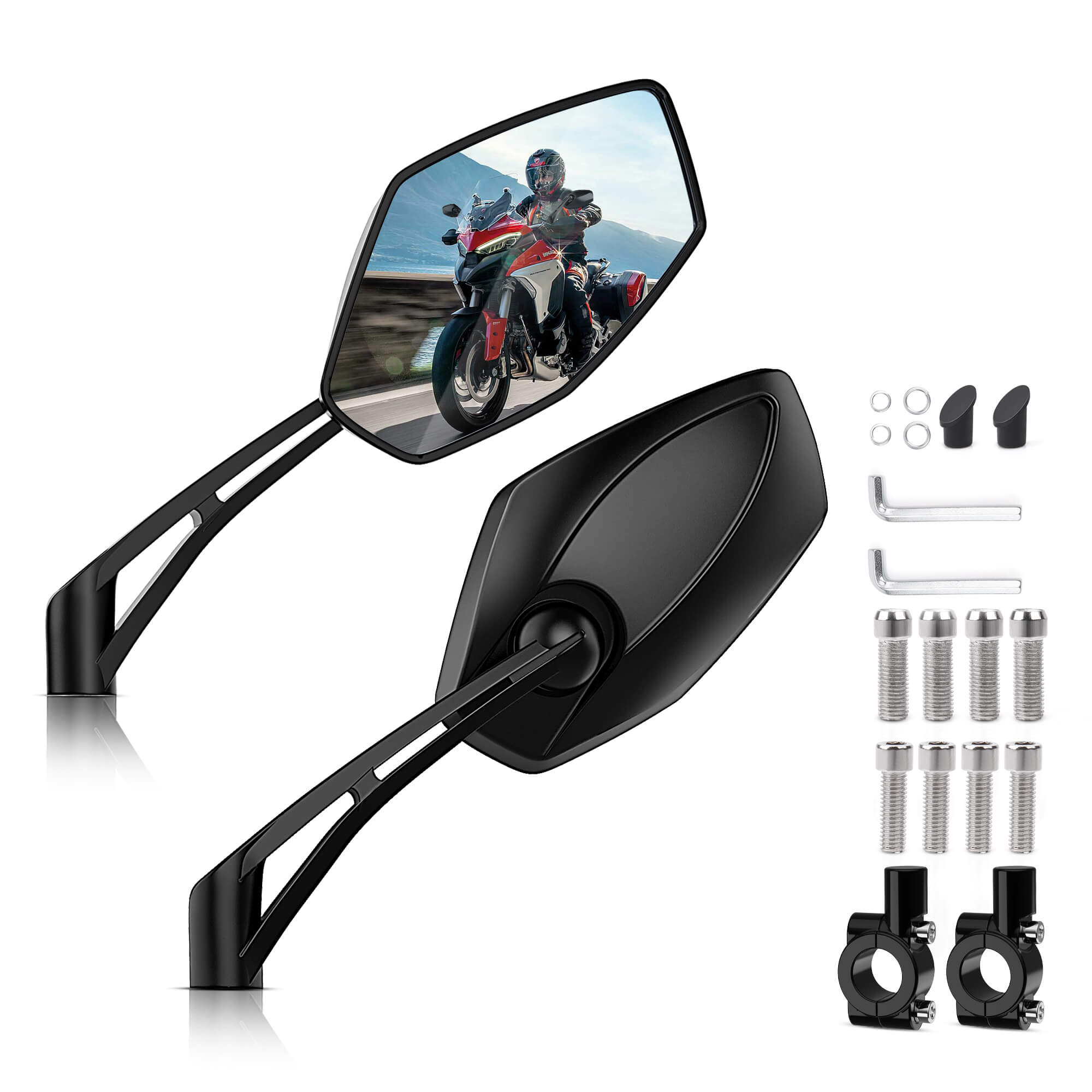 Motorcycle Rearview Mirrors Convex Blue Lens, Impact-Resistant ABS, 180° Rotation Adjustable- Fits M8 M10 Socket or 22mm Diameter Handlebar