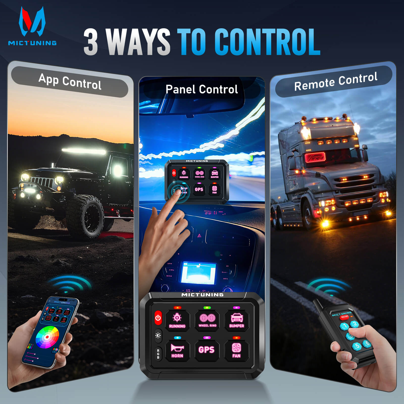 MICTUNING Upgraded P1Y RGB Switch Panel with Remote+App Control, 6/8/12 Gang, Remote Control Range Up to 230FT