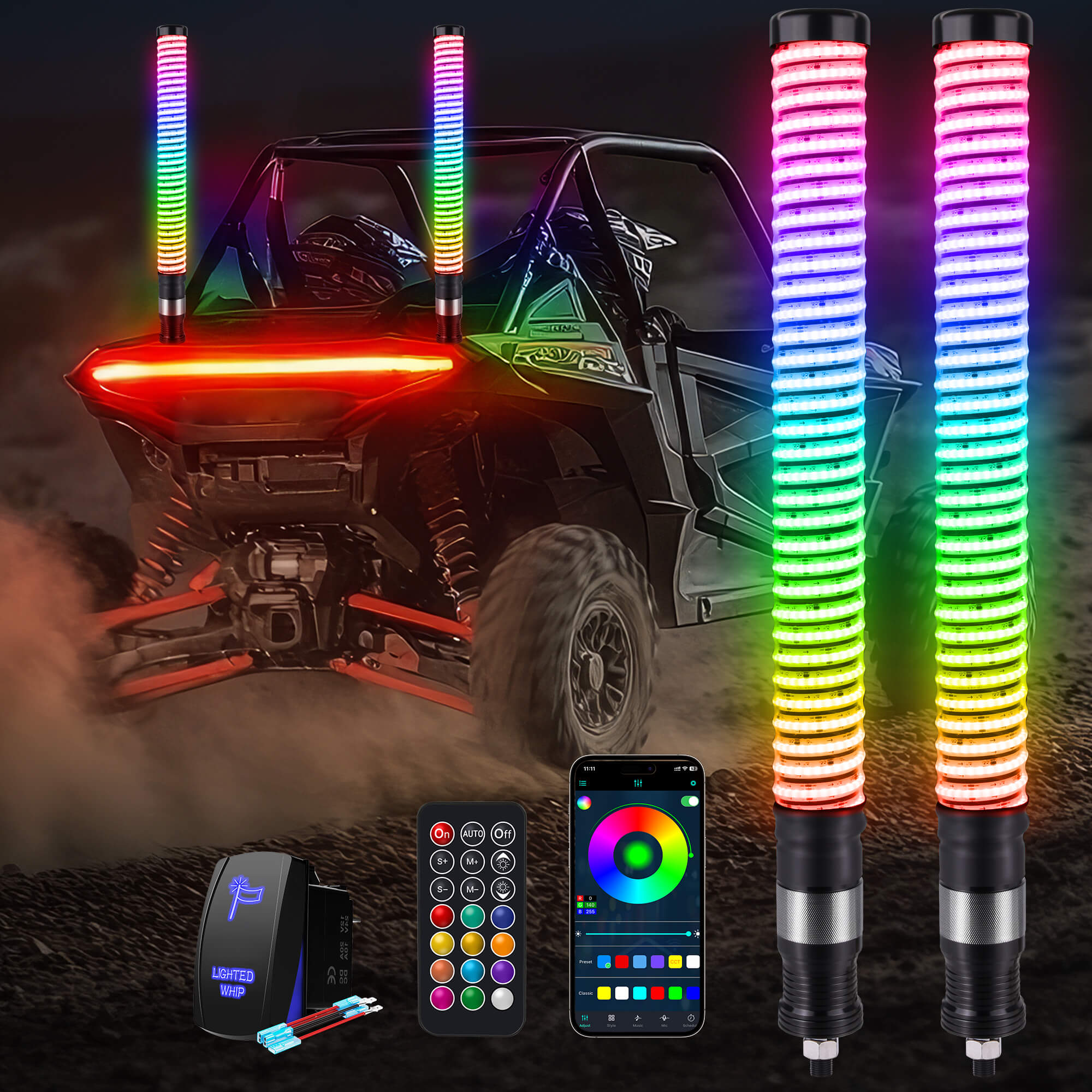 1FT/2FT Fat Whip Light COB LED RGB+IC Chasing Colors, App & Remote Control, 2pcs