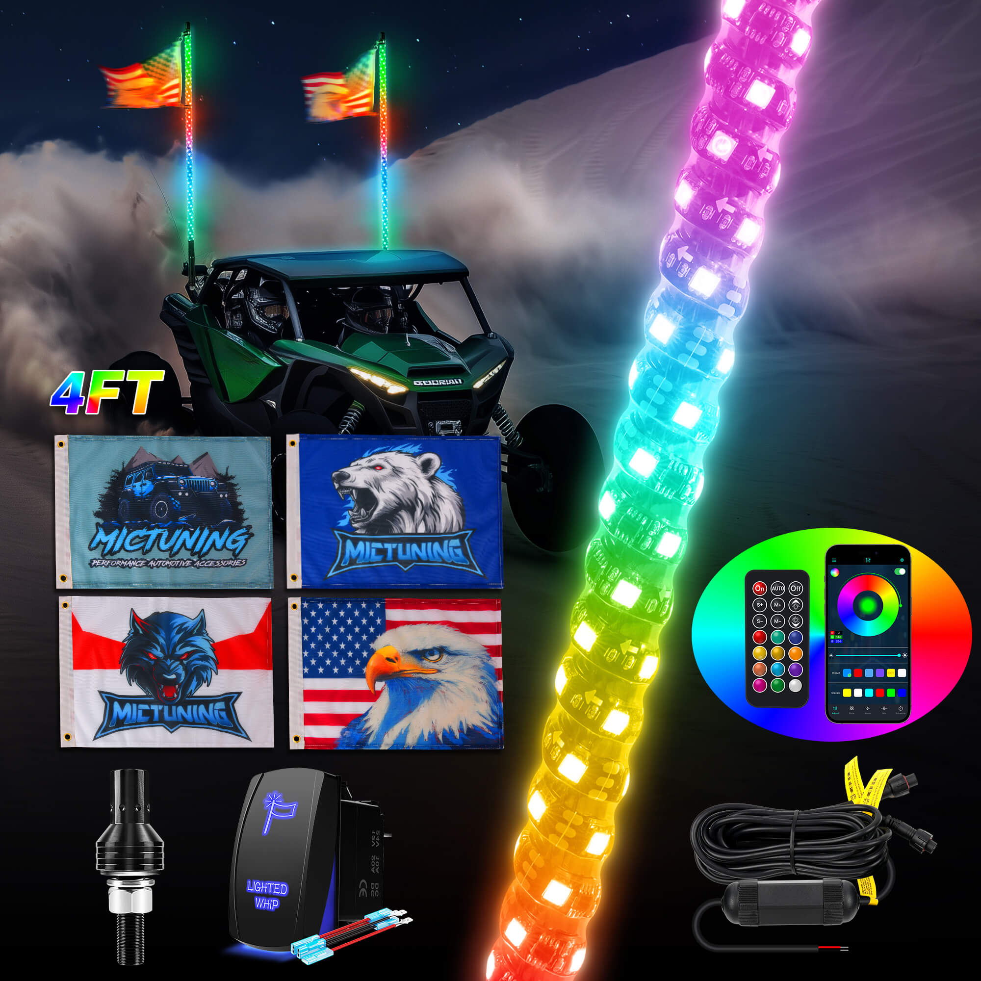 3FT/4FT LED Whip Light RGB+IC Chasing Colors, APP & Remote Control, w/ Rocker Switch & 8 Flags, Brake/Turn Signal/Reverse, 1pc/2pcs