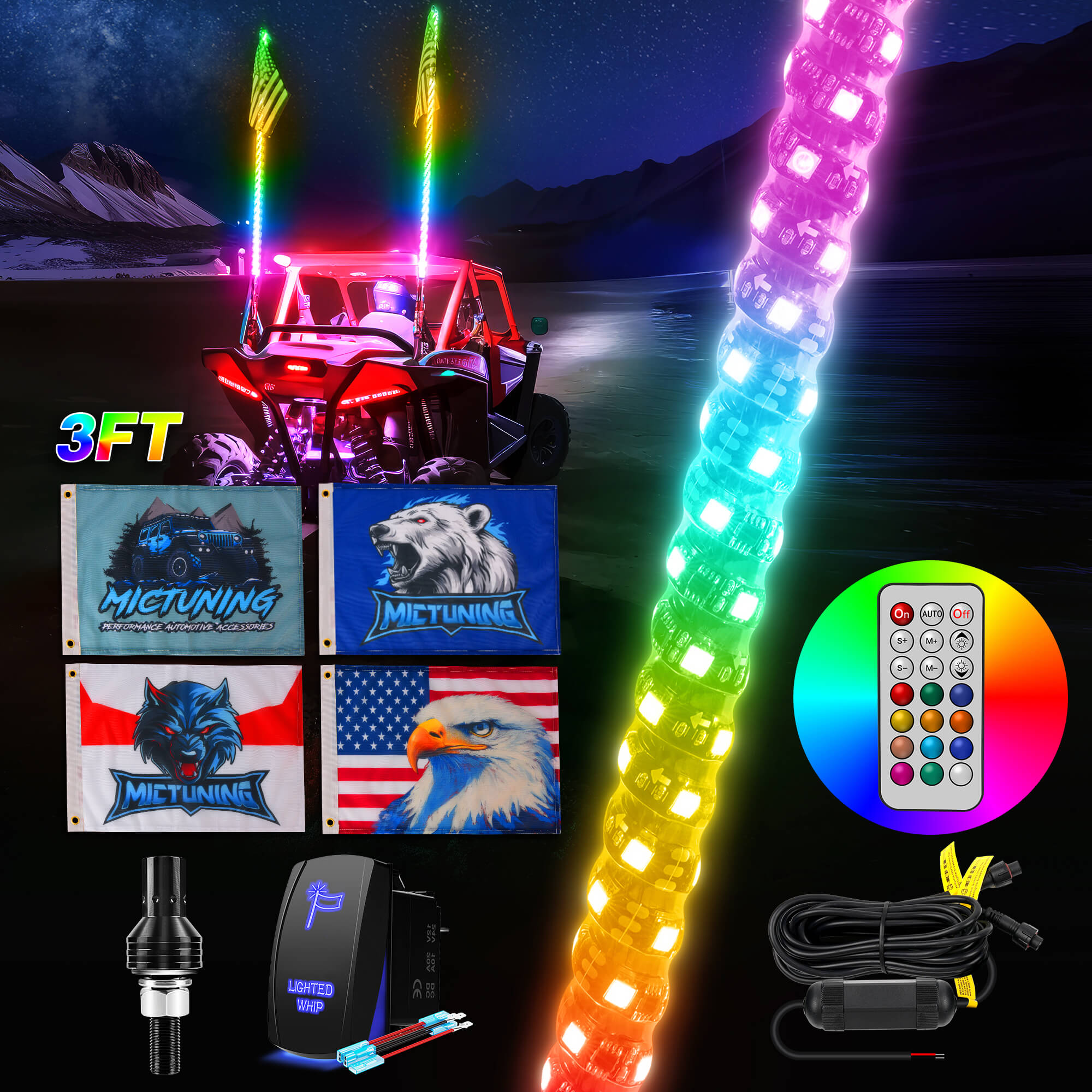 3FT/4FT RGB+IC Chasing Colors LED Whip Light, w/ Remote Control, Rocker Switch & 8 Flags, 1pc/2pcs