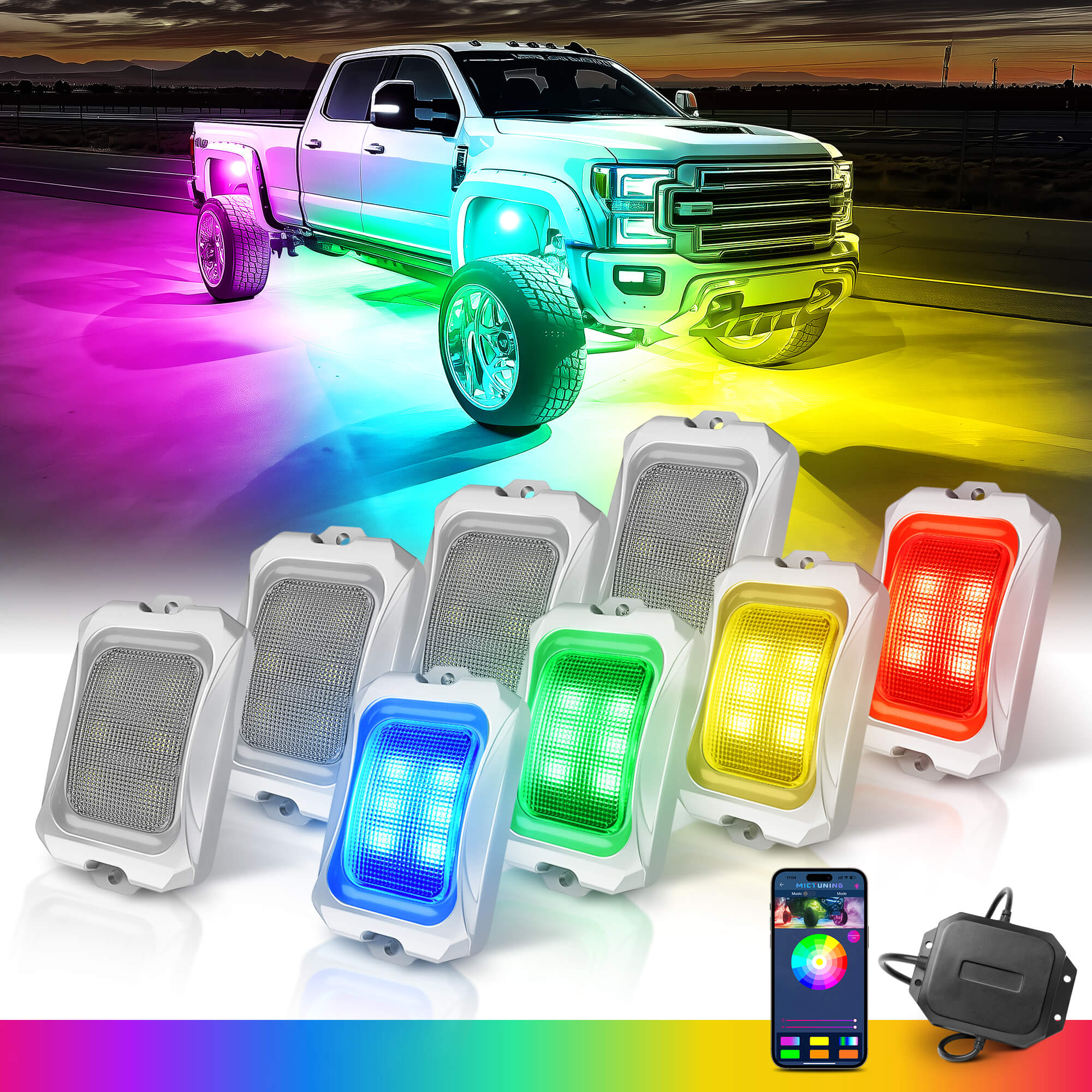 C2 Max RGB+IC Chasing Color Rock Lights Kit, 8/16 Pods, IP68 Waterproof, White