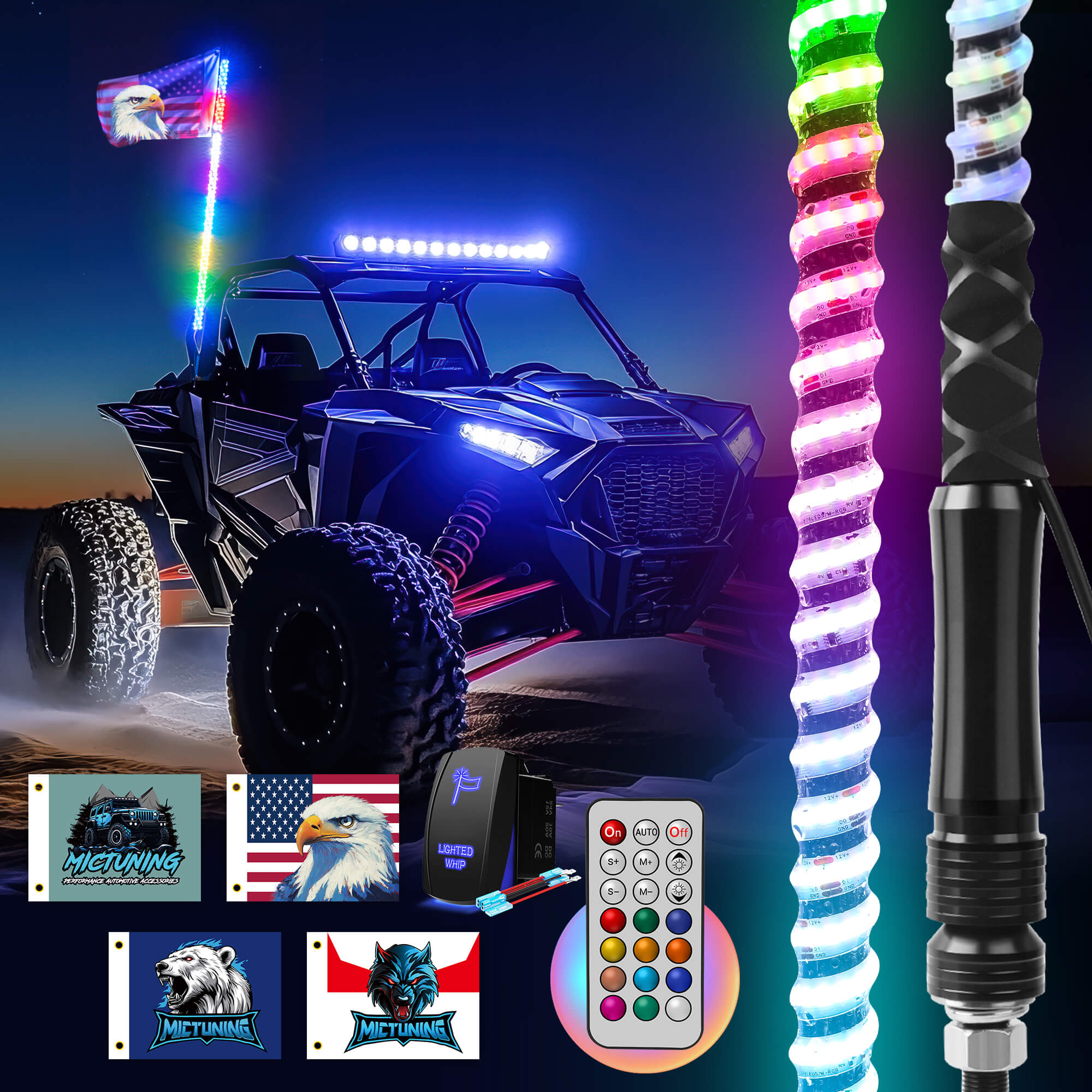 3FT/4FT COB LED Whip Lights, RGB+IC Chasing Colors w/ Remote Control, Rocker Switch & 8 Flags, 1pc/2pcs