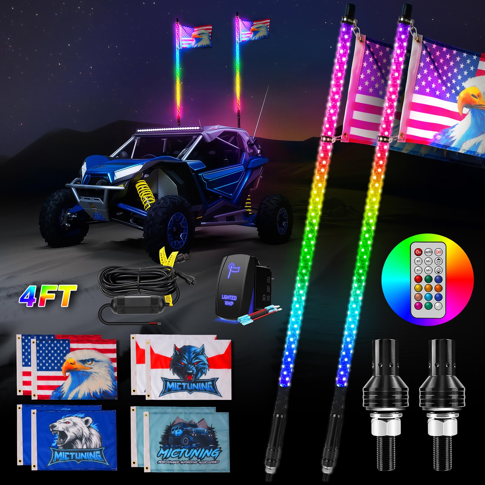 3FT/4FT RGB+IC Chasing Colors LED Whip Light, w/ Remote Control, Rocker Switch & 8 Flags, 1pc/2pcs