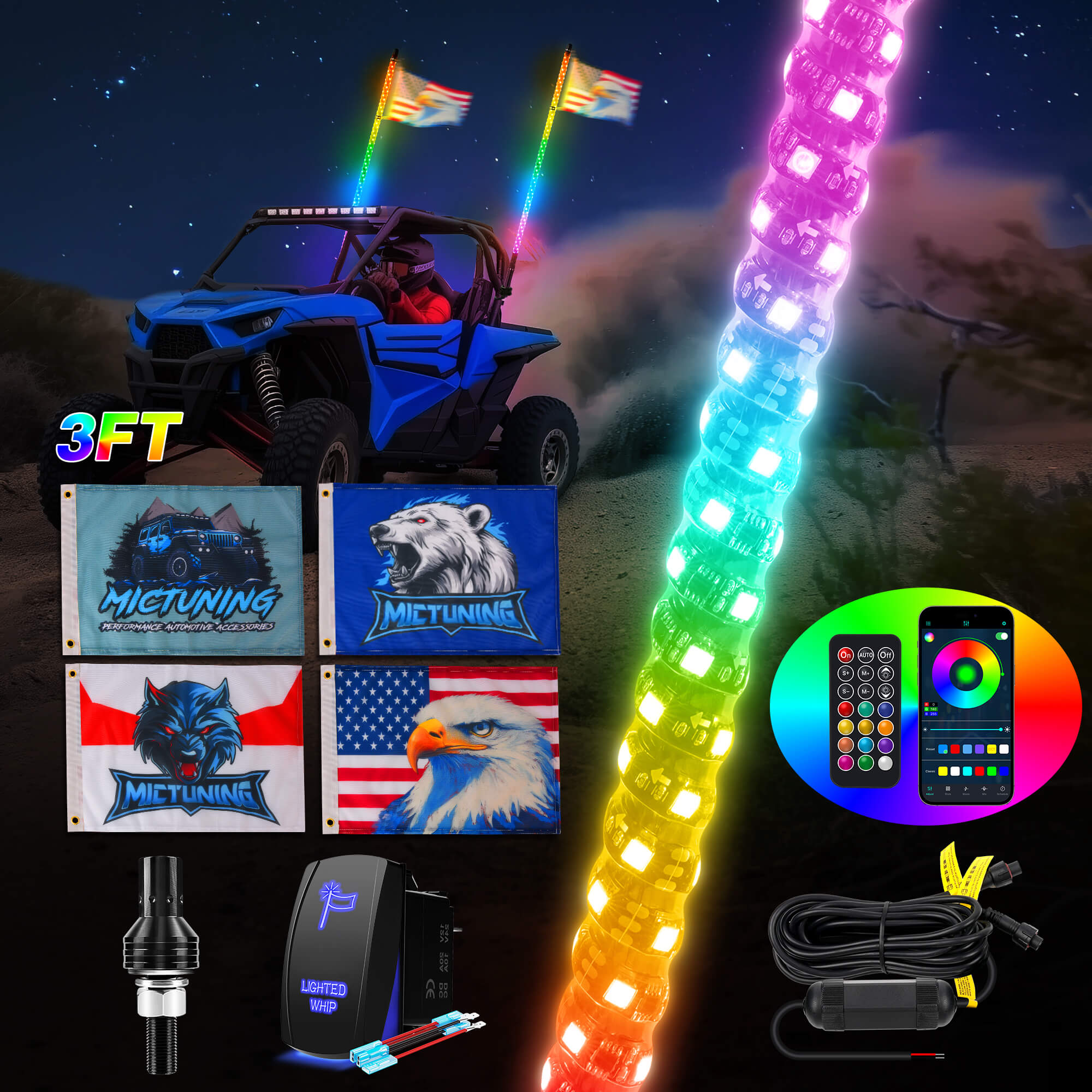 3FT/4FT LED Whip Light RGB+IC Chasing Colors, APP & Remote Control, w/ Rocker Switch & 8 Flags, Brake/Turn Signal/Reverse, 1pc/2pcs