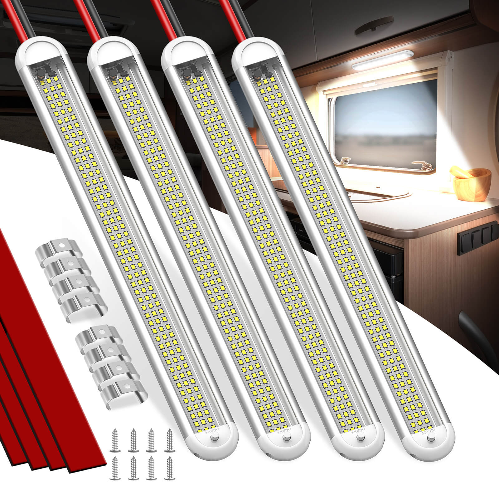 12V LED Interior Light Bar, 120LEDs 28W Led Strip Lights with ON/Off Switch, for Enclosed Cargo Trailer Car RV Van Truck (4 Pack)