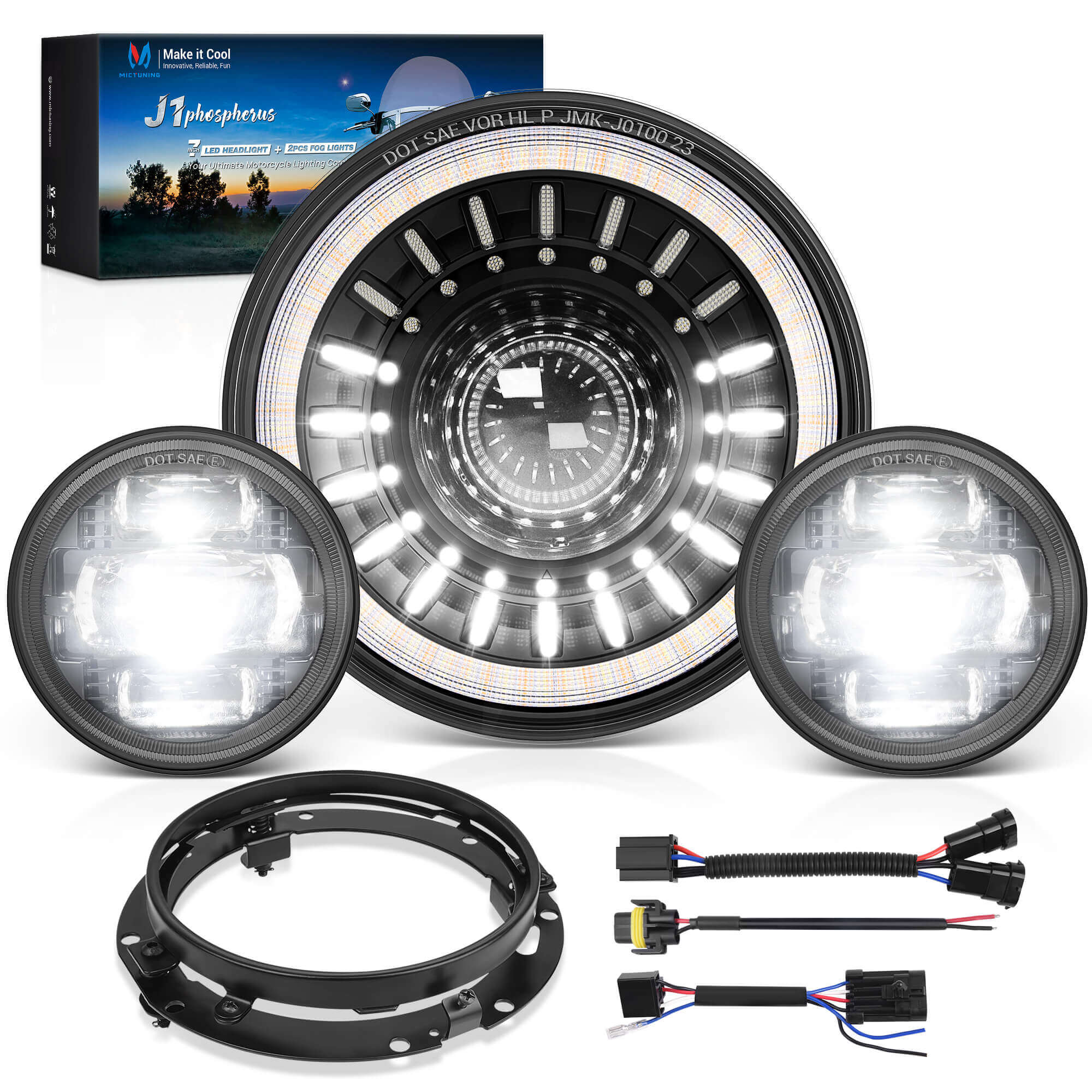 J1 7″ Motorcycle LED Headlight w/ 4.5″ Fog Lights Assembly, Head Lamp Kit, DOT Approved, Compatible with Electra Glide Road King Softail