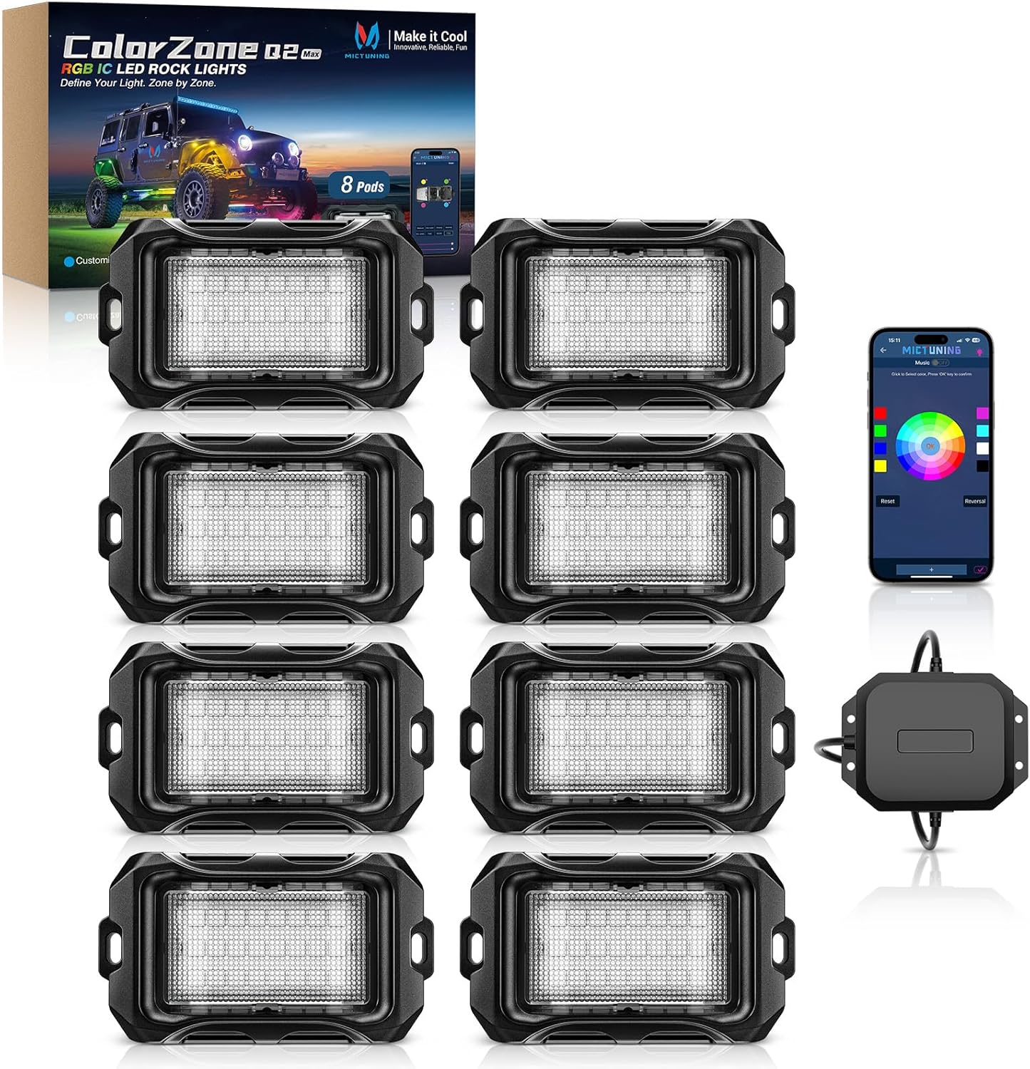 P1s-AC Wireless Cordless RGB Switch Panel Up to 265FT 8/12 Gang Bundle with Q2 MAX RGB+IC Rock Lights Individual Group Control, 8-16 Pods