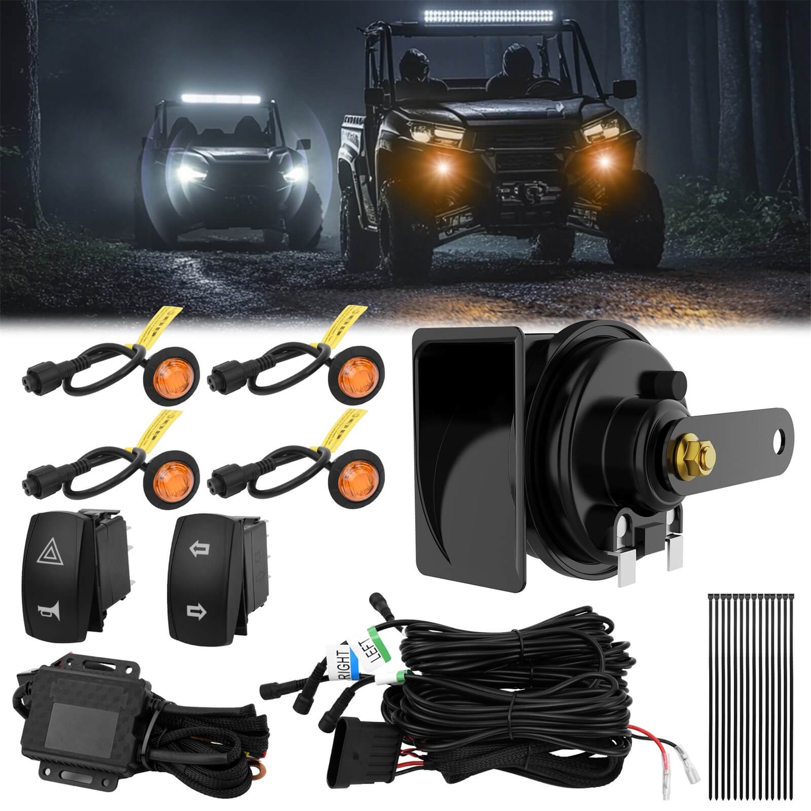 UTV Turn Signal Kit with Horn, Plug-N-Play ATV Blinker Kit, Rocker Switch & Hazard Light For Polaris Can-Am Kawasaki CFMOTO Side-by-Side Golf Cart