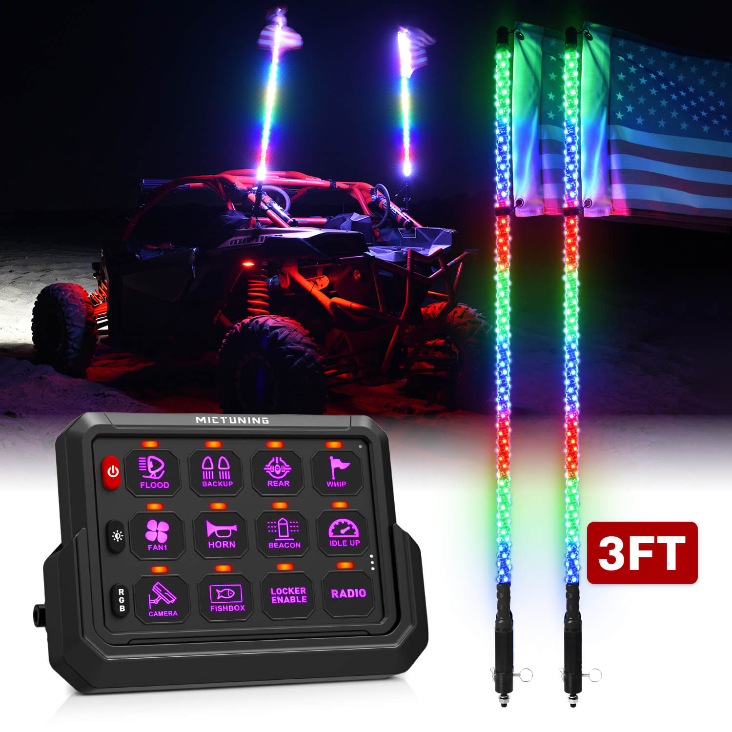 P1s-AC Wireless RGB Switch Panel Bundle with W1 Spiral 3FT/4FT Whip Lights
